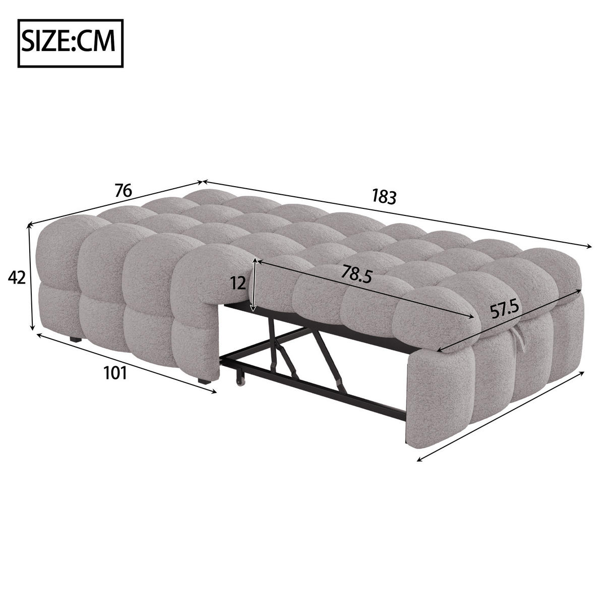 SCHLAFSOFA aus Teddy-Stoff 183x76x42 cm Grau, ausziehbar zum Einzelbett - Grau, Textil (70/180cm) - IVMEU