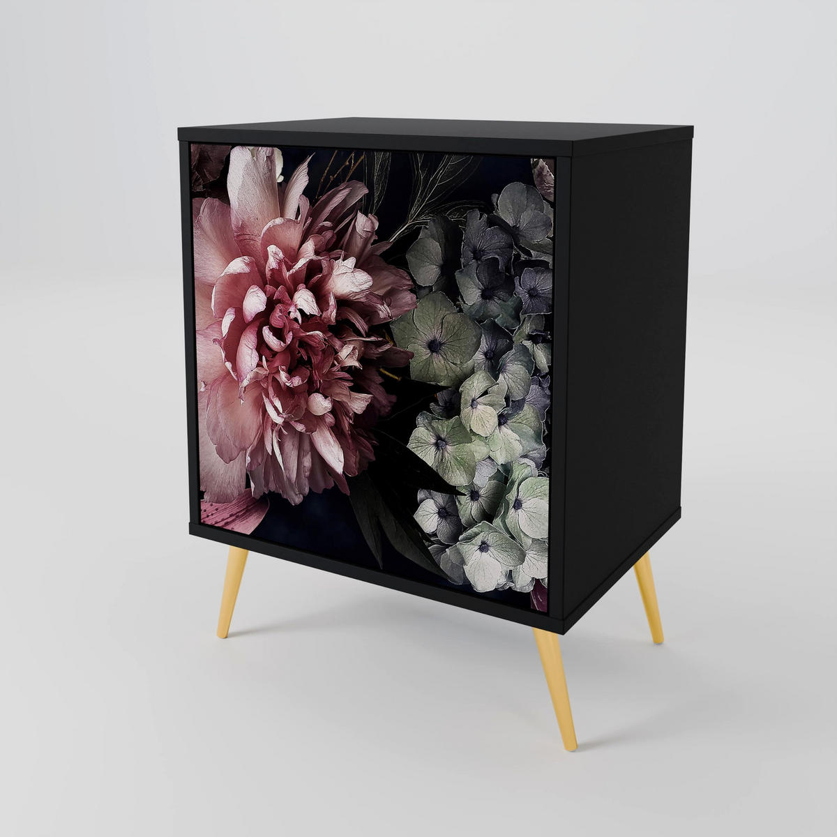 SIDEBOARD PURE BLOSSOM, Schwarz, 57,5x42x67,5 cm, Schwarze Metall-Rahmenfüße - Multicolor/Schwarz, Holzwerkstoff/Metall (57.5/67.5/42cm) - SpaceRebels