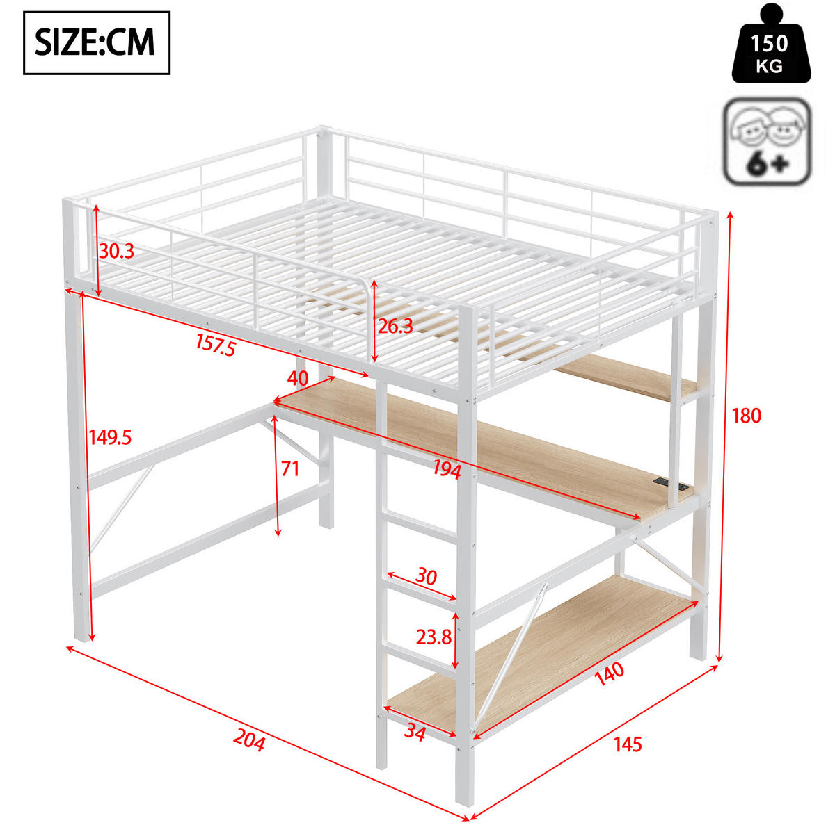 HOCHBETT 140/200 cm aus Metall mit Schreibtisch, Regal und LED-Beleuchtung Weiß - Weiß, Metall (140/200cm) - Modenvie