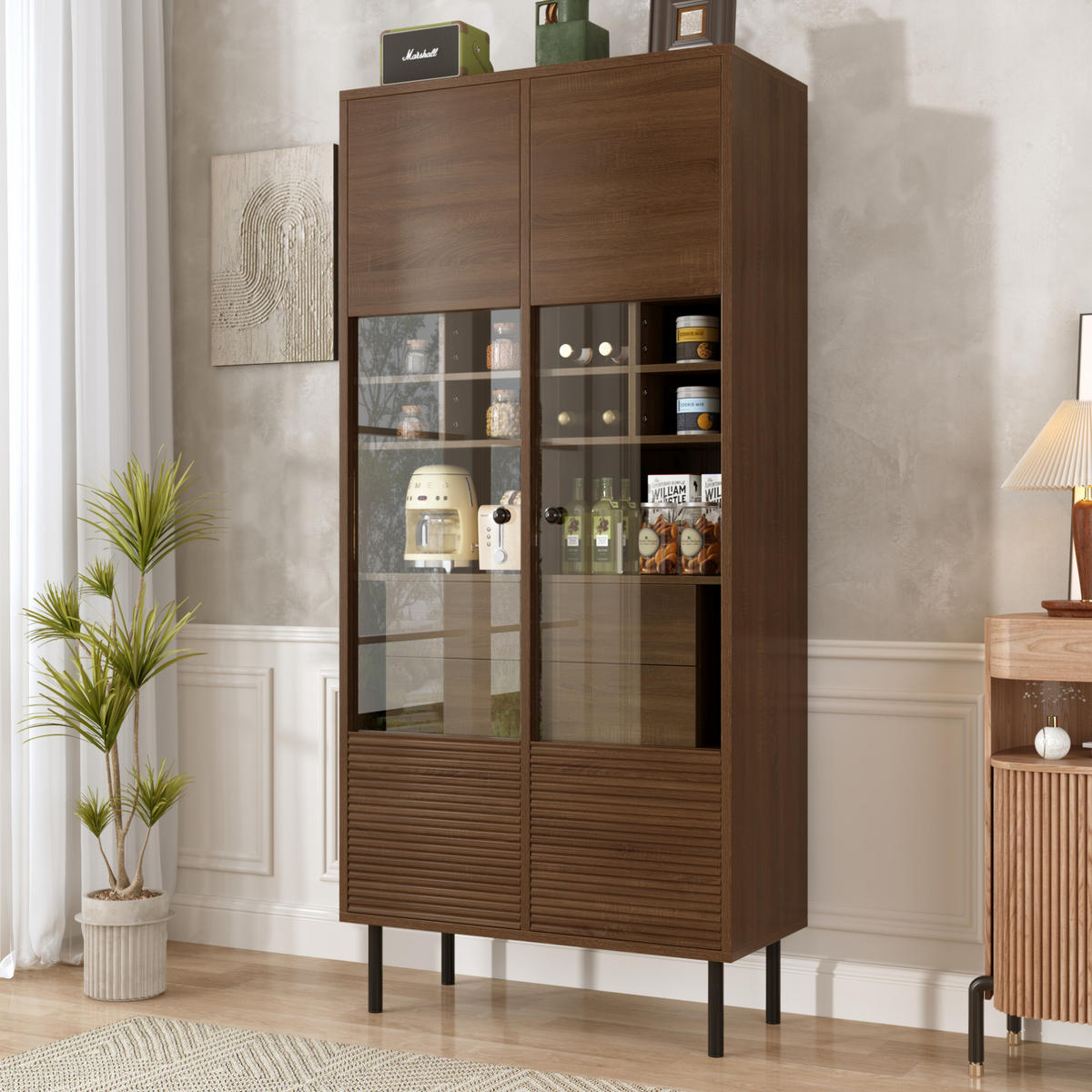 VITRINENSCHRANK aus MDF 75x35x164 cm in Nussbaumoptik mit Glasfront, 4 Schubladen und Stauraum - Walnussfarben, Holzwerkstoff (75.5/164.5/35cm) - IVMEU