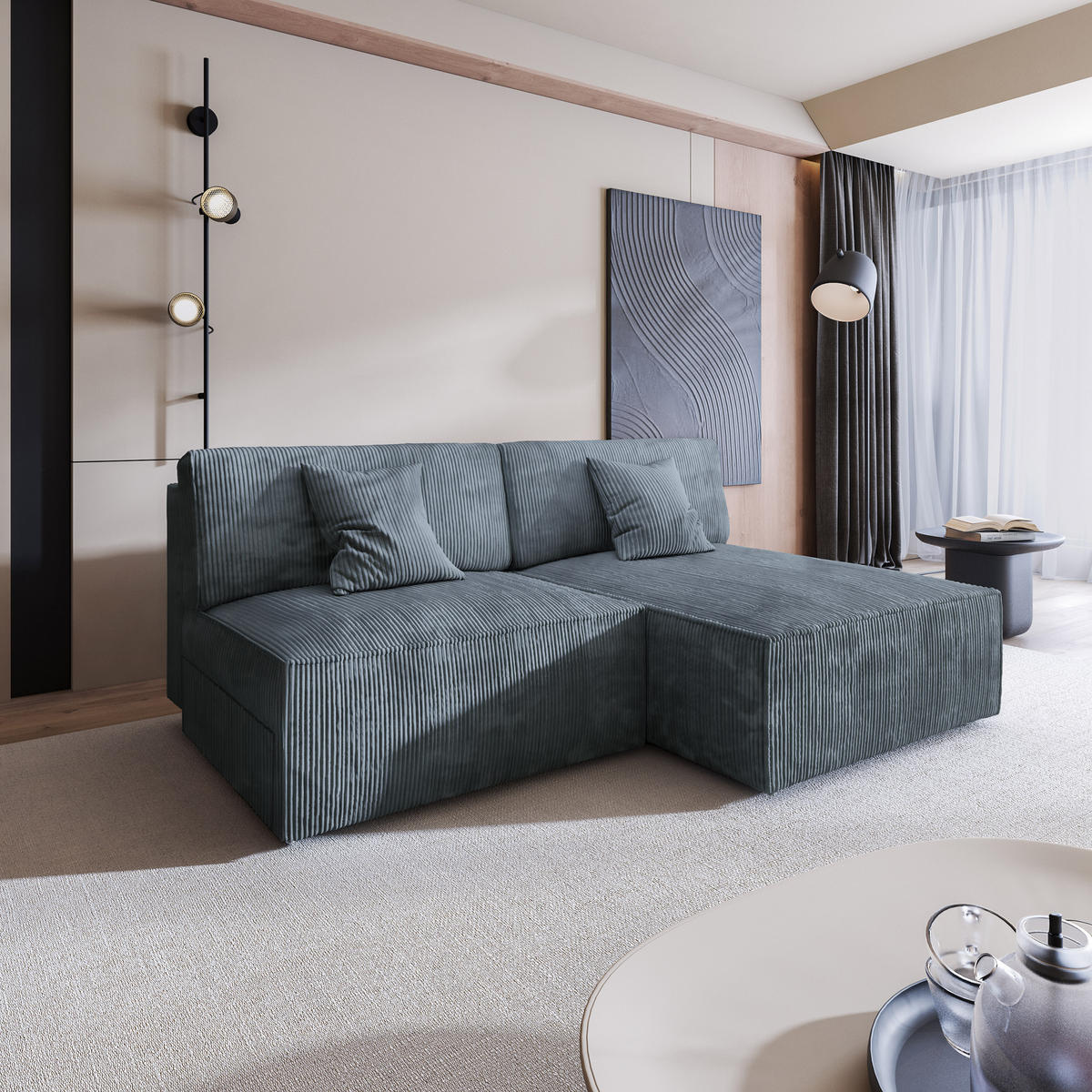 ECKSOFA FIORO P Grau Kordstoff mit Schlaffunktion - Grau, Holz/Kunststoff (204/148cm) - MASSENO