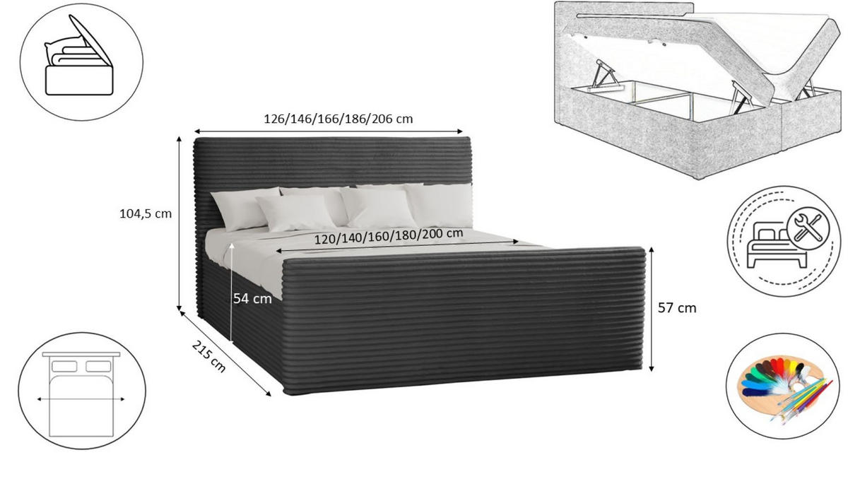 BOXBETT Mit Bettkasten Und Topper TRENTO Stoff Plüsch Cord 200x200 cm Graphit H2-Pocket - Graphitfarben, Holz/Textil (200/200cm) - Kaiser Möbel