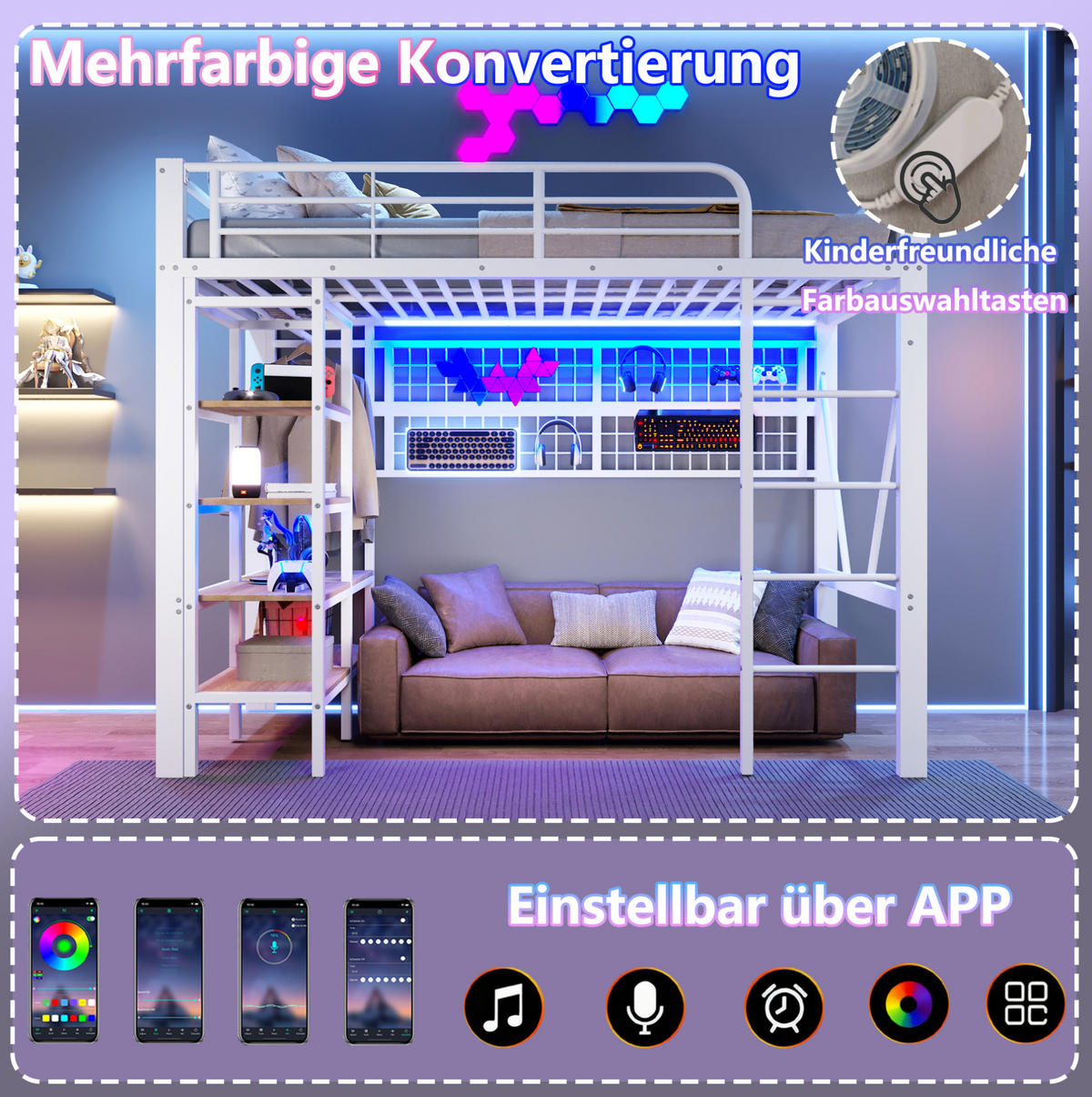 HOCHBETT 90/200 cm Weiß mit Schreibtisch, Stauraumleiter und LED-Beleuchtung - Weiß, Metall (90/200cm) - Flora Grace