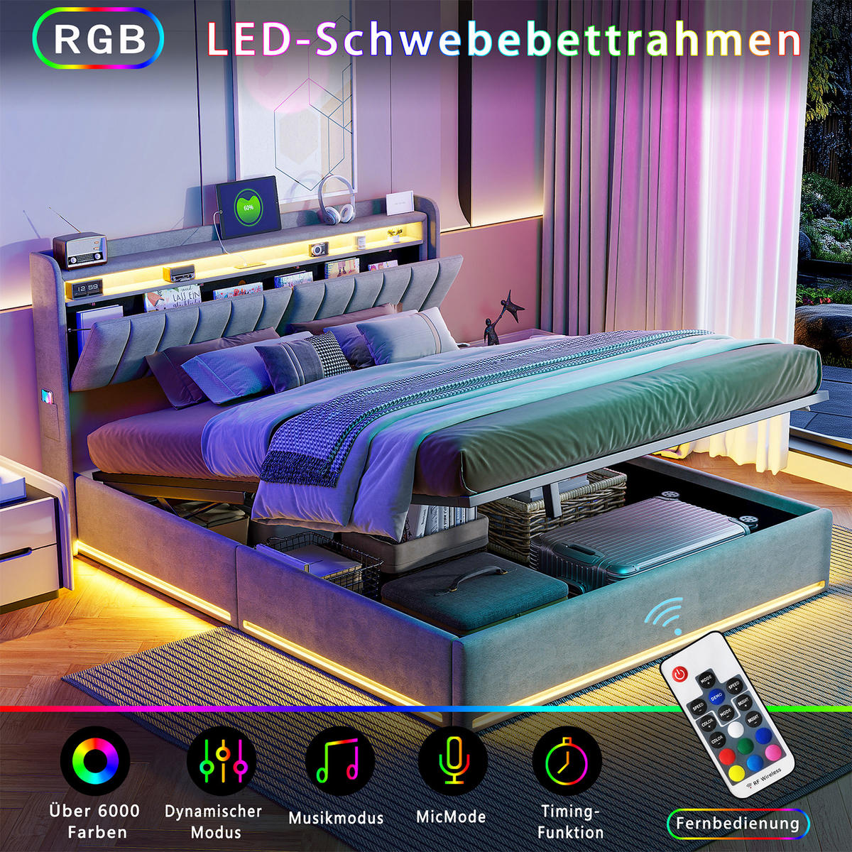 POLSTERBETT 140x190 cm Grau Samt LED USB Stauraum Bettkasten - Grau, Holz (140/190cm) - SHOPENTRA