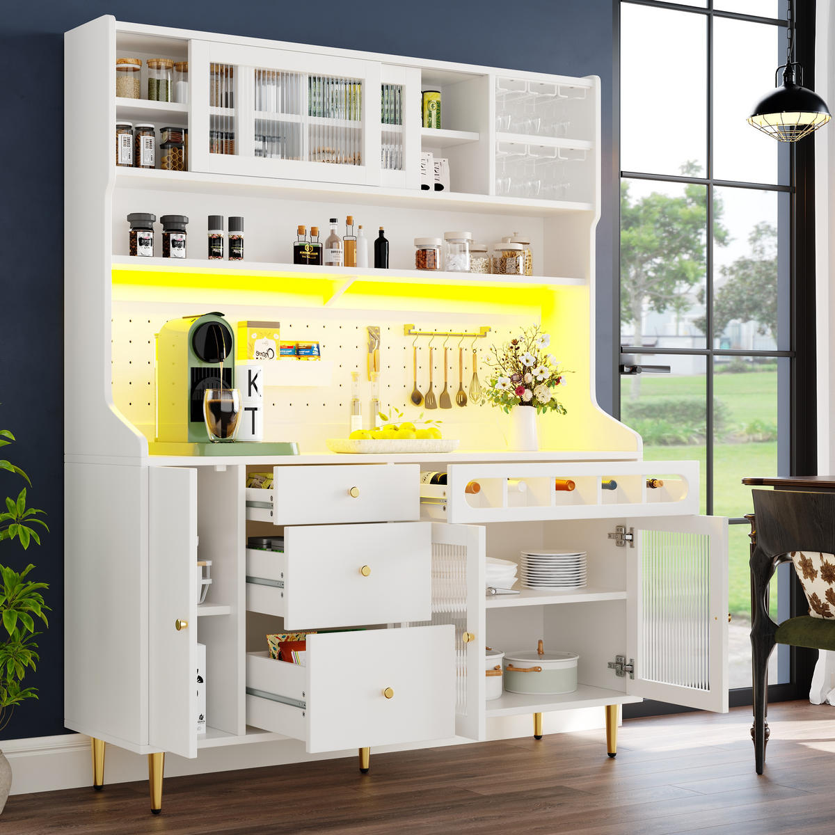 GESCHIRRSCHRANK aus MDF & Glas 145x39x171cm in Weiß mit LED & Weinauszug - Weiß, Holzwerkstoff (145/171/39cm) - Modfu