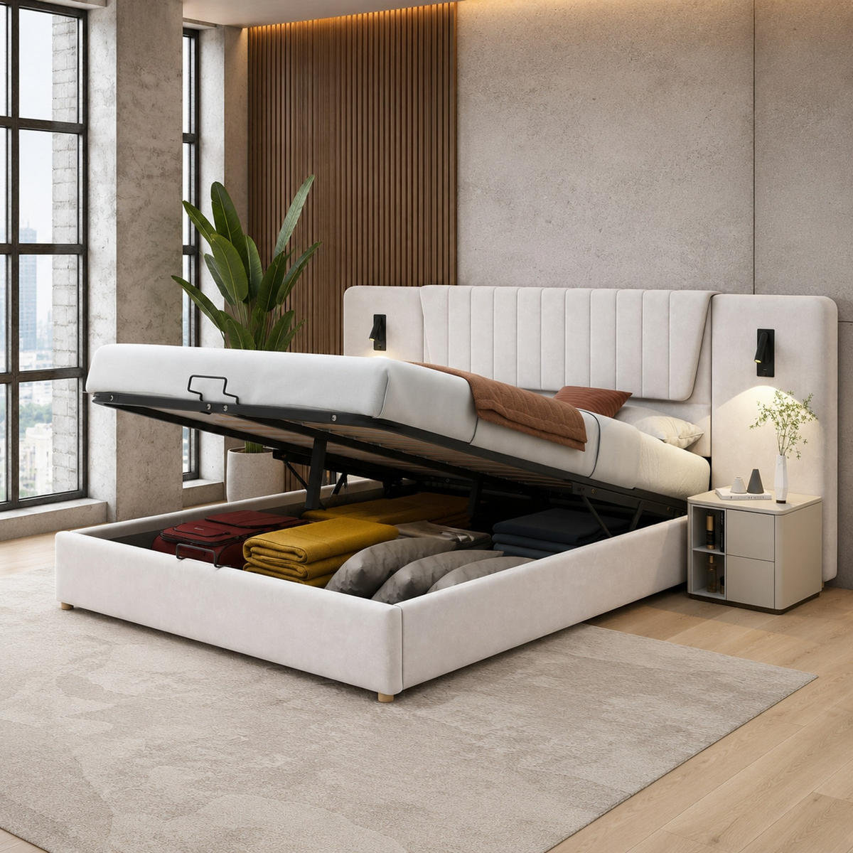 POLSTERBETT 180/200 mit Bettkasten, Leselampen, USB und Samtbezug in Beige - Beige, Holzwerkstoff/Textil (180/200cm) - EVRYAE