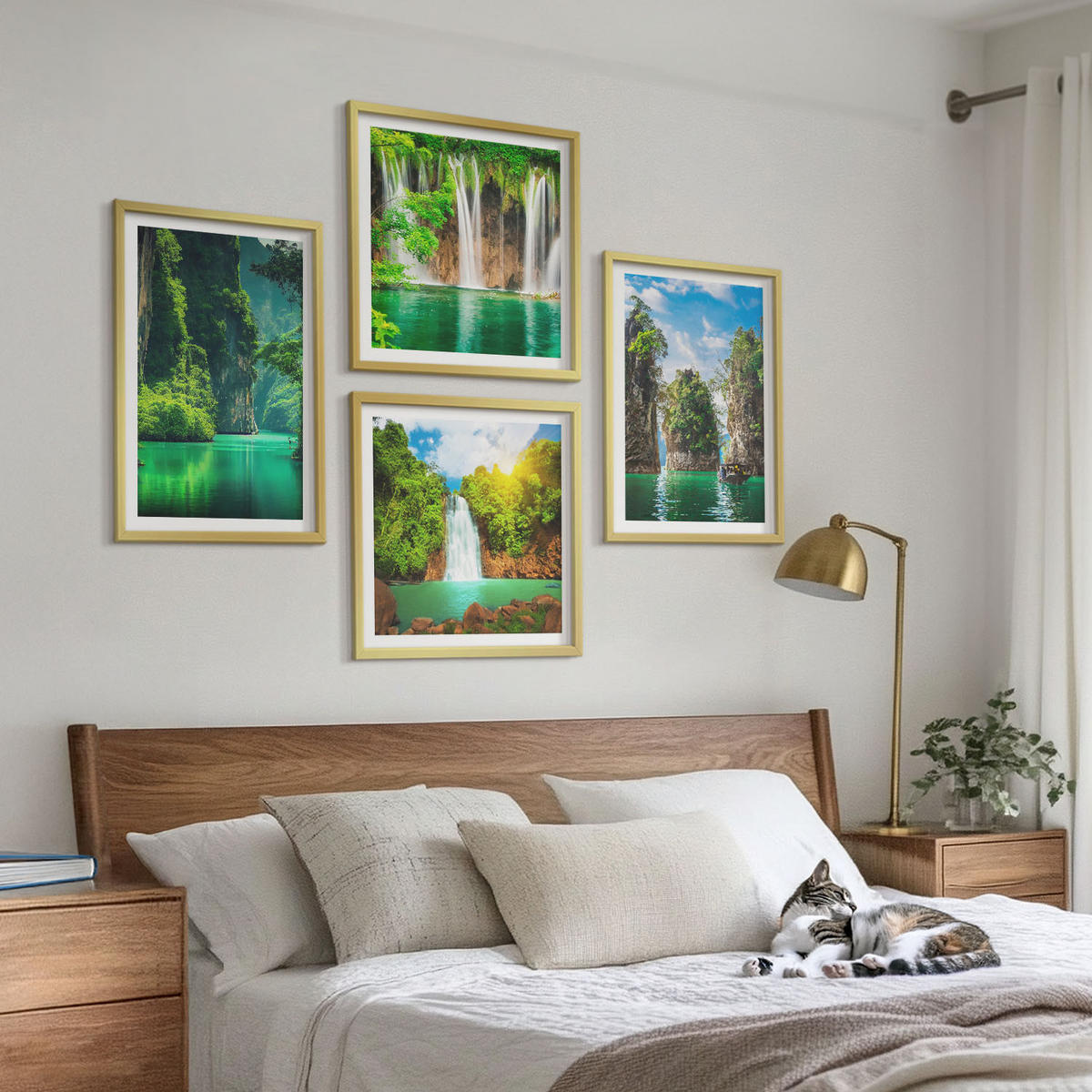 BILDER SET 4er Set - 50x50 cm & 40x60 cm Goldrahmen - Grüne Landschaften, Wasserfälle - Goldfarben, Kunststoff (50/50cm) - TULUP