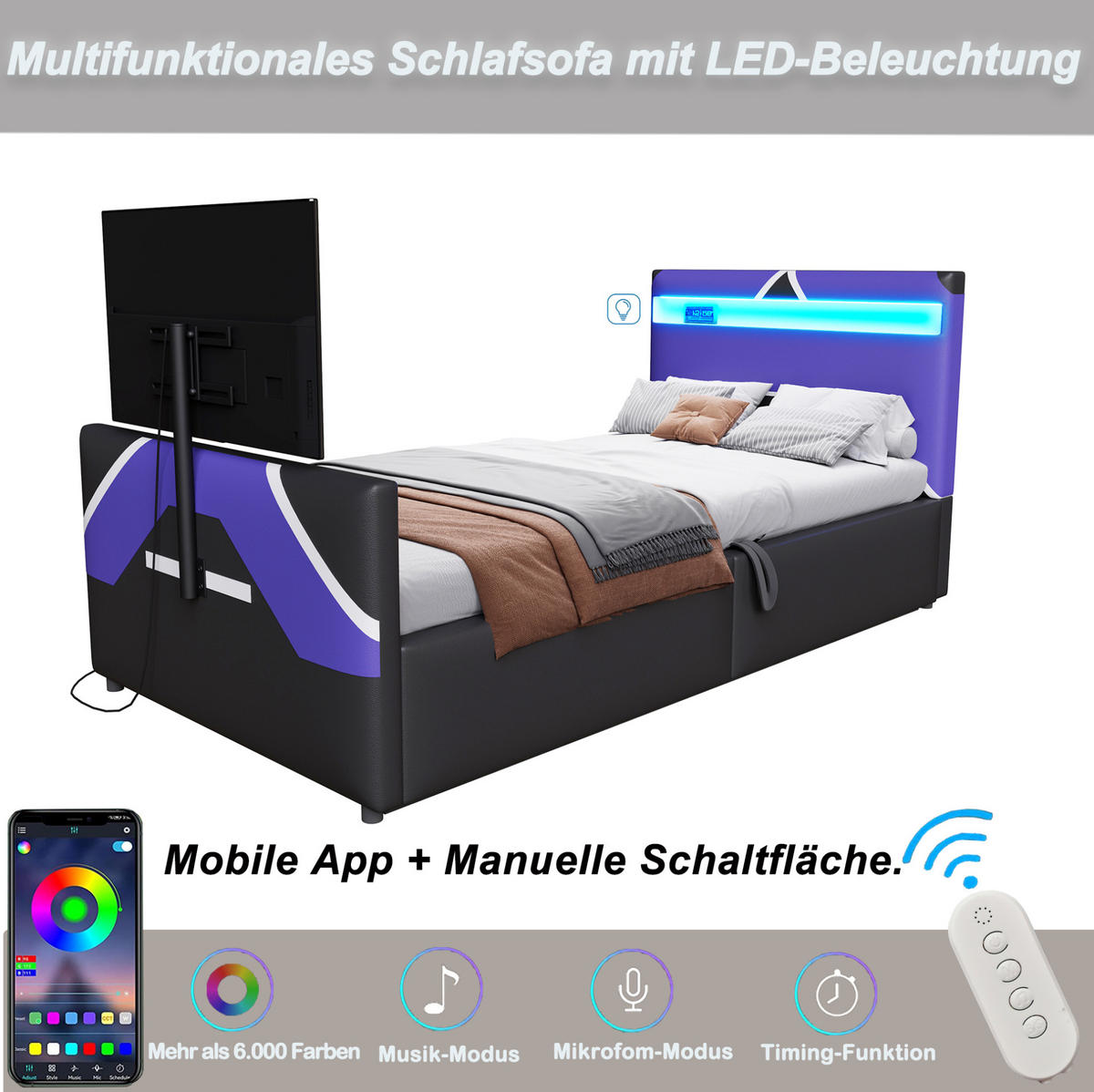 POLSTERBETT mit LED-Beleuchtung 90/200 cm mit Bettkasten und TV-Halterung - Schwarz, Kunststoff (90/200cm) - BEAOK