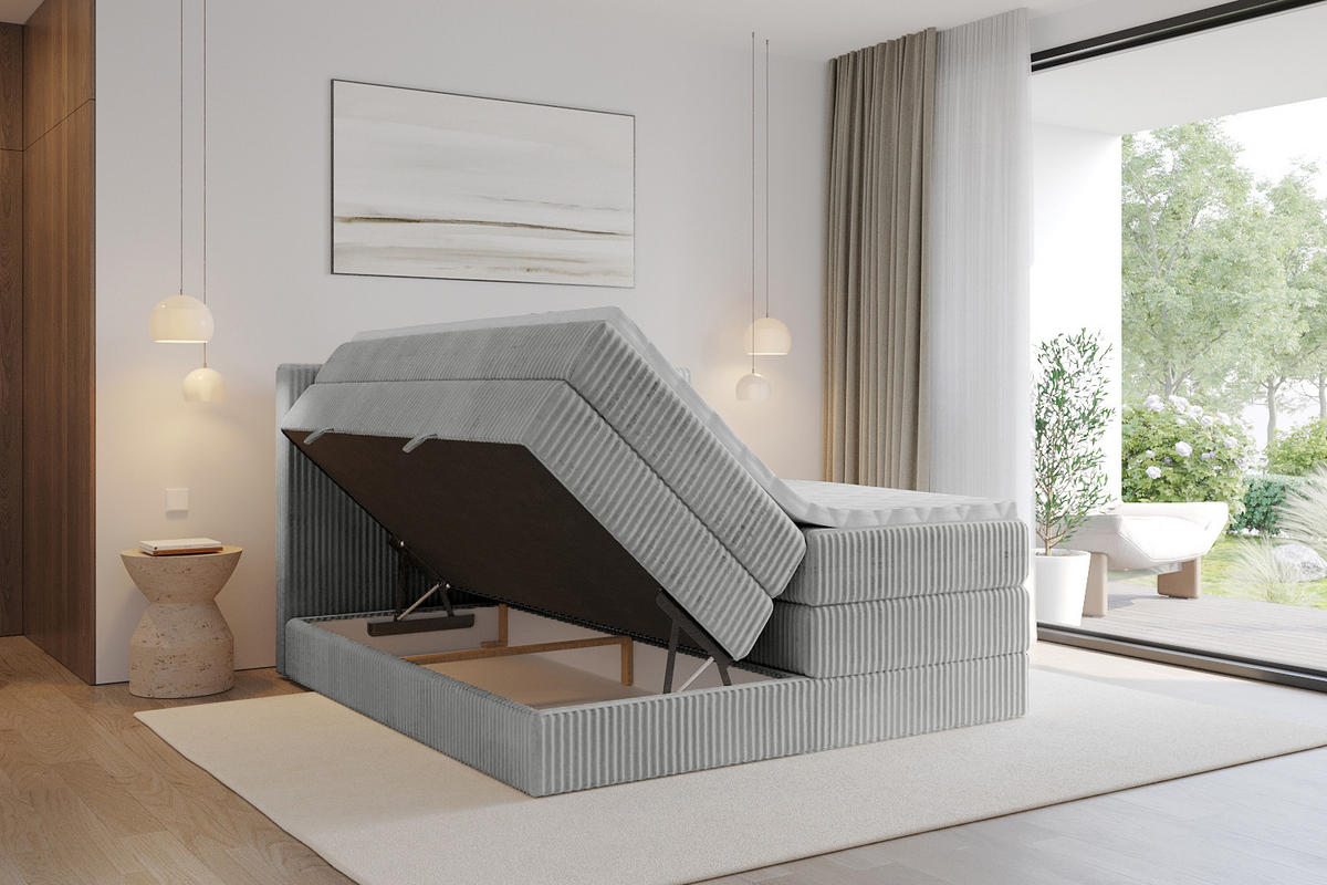 BOXSPRINGBETT mit Matratze H3|H4 und Lattenrost - TOLO KING 160x200 Cord - Hellgrau - Hellgrau, Holzwerkstoff (160/200cm) - ALTDECOR
