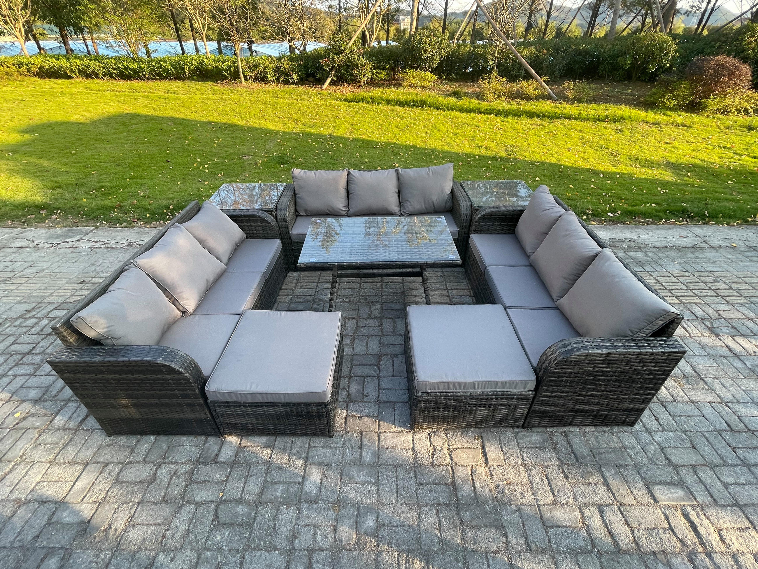 GARTENMÖBELSET mit ESSTISCH, 3-SITZER SOFA Polyrattan 11-Sitzer - Dunkelgrau/Grau, Glas/Kunststoff - Fimous