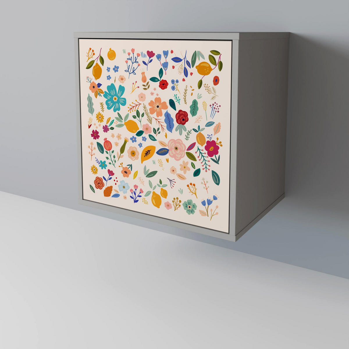 SIDEBOARD FLORAL COMBINATION, Grau, 57,5x42x67,5 cm, Schwarze Metall-Rahmenfüße - Multicolor/Schwarz, Holzwerkstoff/Metall (57.5/67.5/42cm) - SpaceRebels
