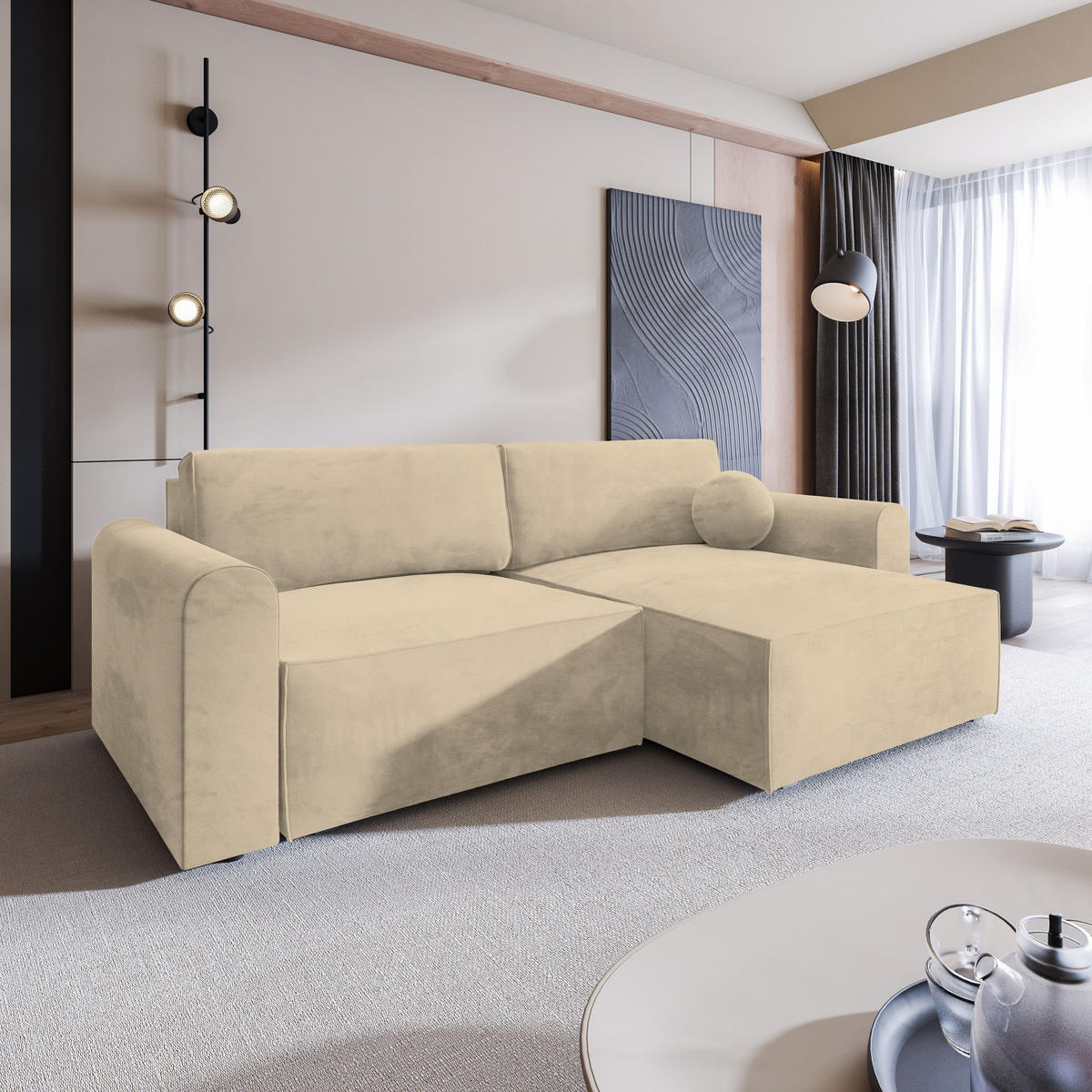 ECKSOFA FIANO M Creme Velours-Stoff mit Schlaffunktion - Creme, Holz (245/148cm) - MASSENO