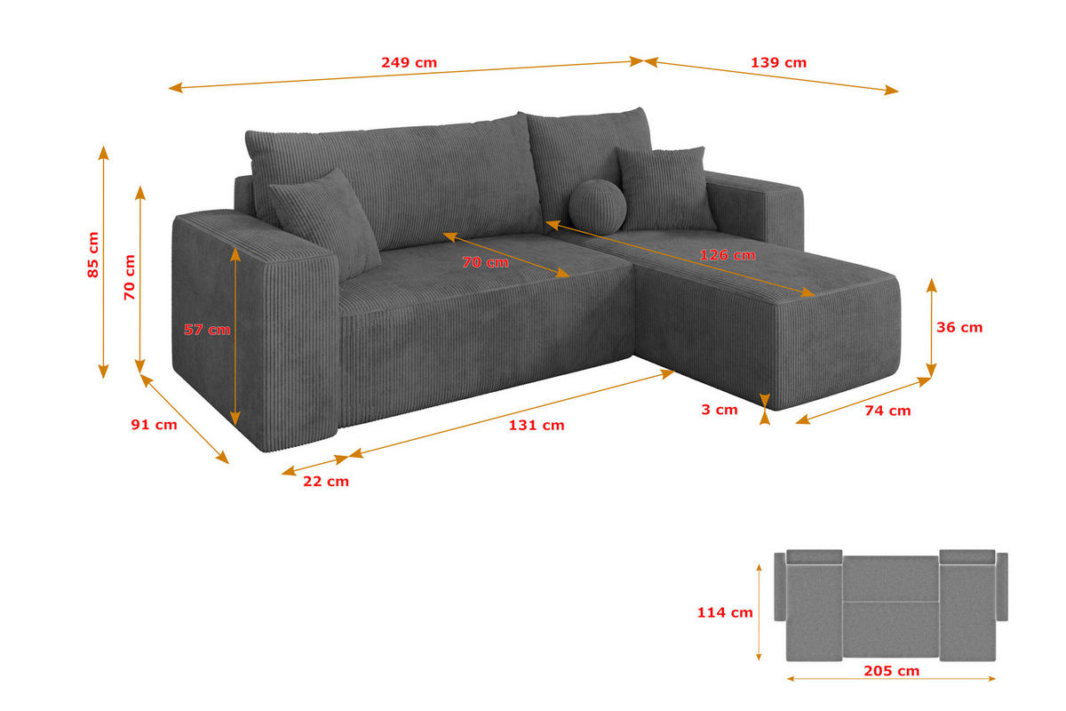 ROHOVÁ SEDAČKA s funkcí spaní, otoman vpravo SENO-L 249x139x85 tmavě šedá manšestr - černá/tmavě šedá, kompozitní dřevo/textil (249/139cm) - ALTDECOR