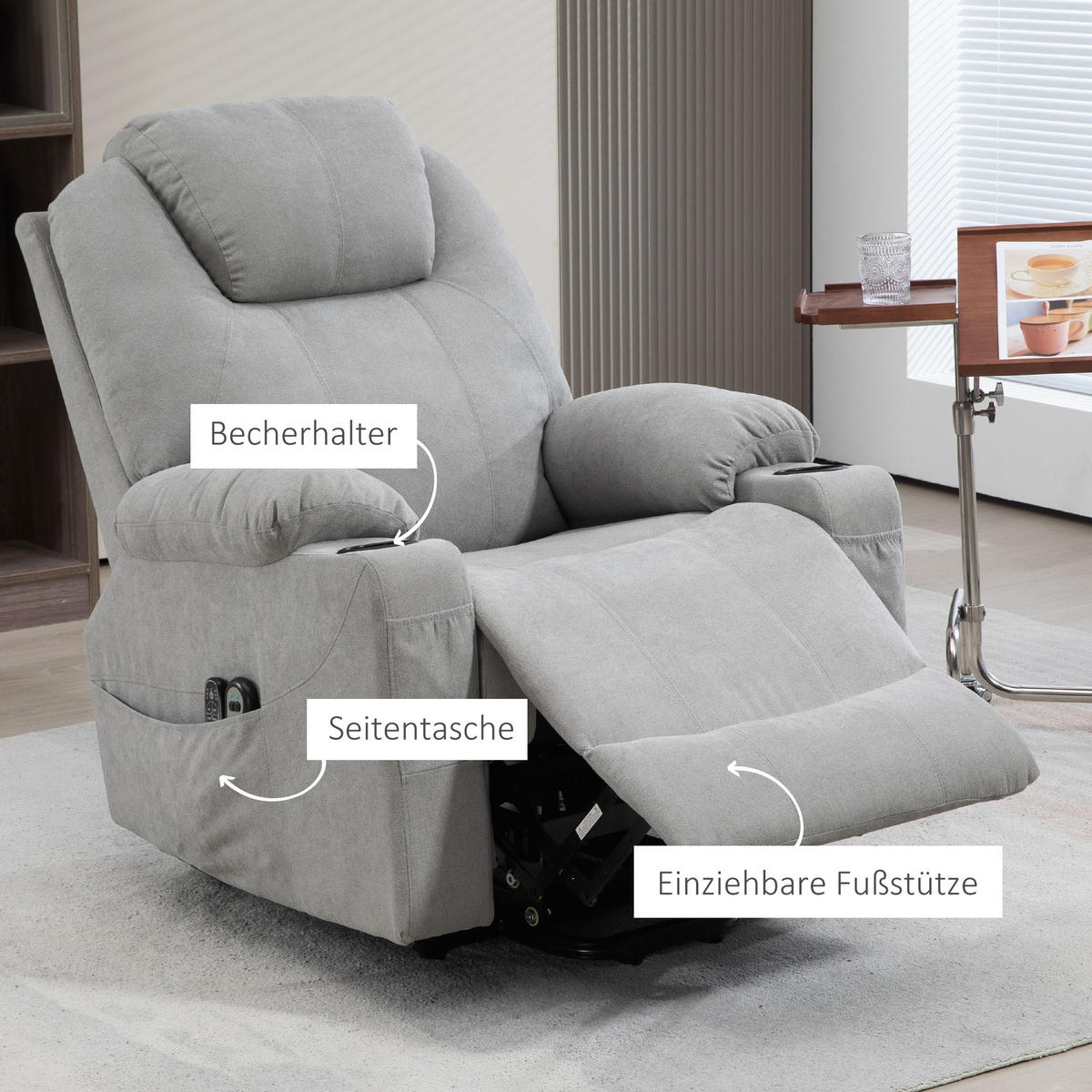 MASSAGESESSEL DE-06400 Mit Aufstehilfe, 8 Massagepunkte, 135° neigbar, Getränkehalter Grau - Hellgrau, Textil/Metall (90/107/101cm) - ComfortXL