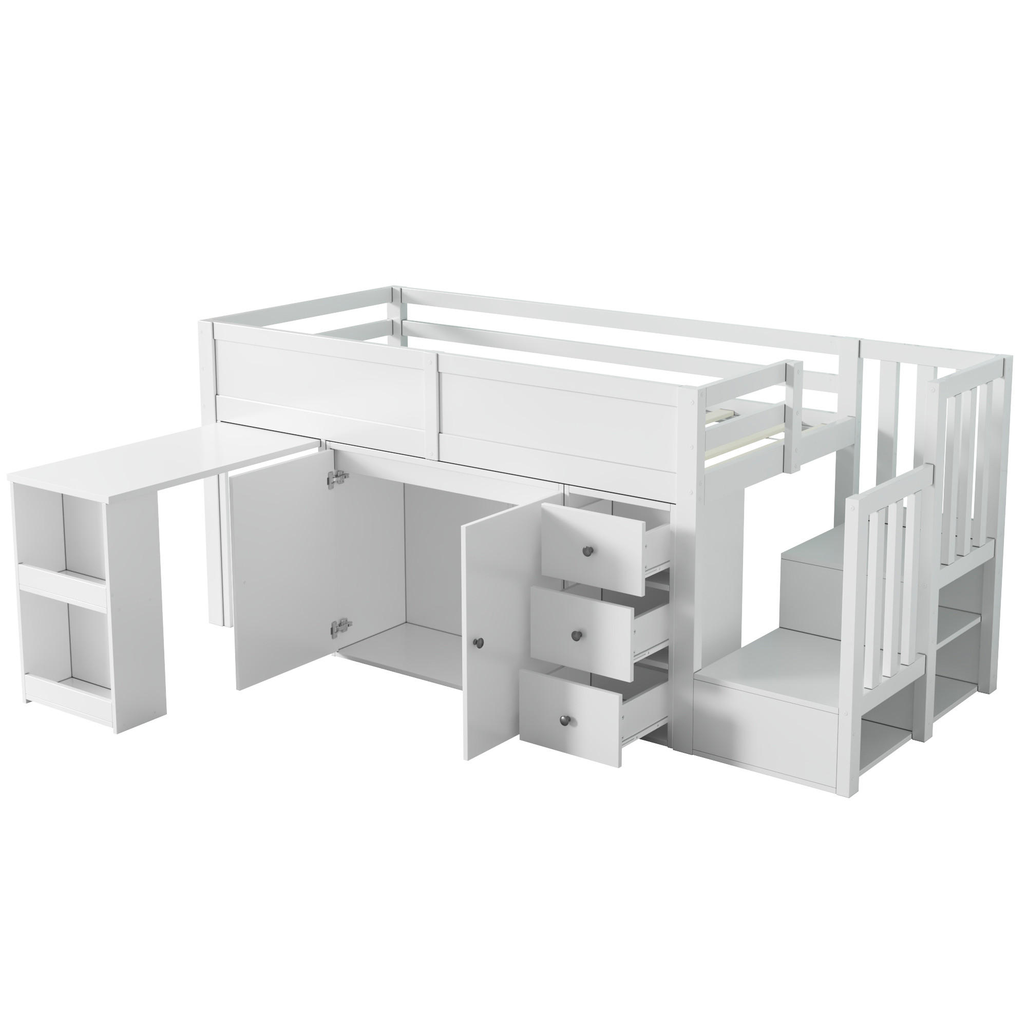 HOCHBETT 90/200 cm DE-02775, mit ausziehbarem Schreibtisch, Schrank und Treppenschrank, in Weiß - Weiß, Holzwerkstoff (90/200cm) - ComfortXL