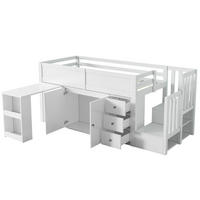 HOCHBETT 90/200 cm DE-02775, mit ausziehbarem Schreibtisch, Schrank und Treppenschrank, in Weiß - Weiß, Holzwerkstoff (90/200cm) - ComfortXL
