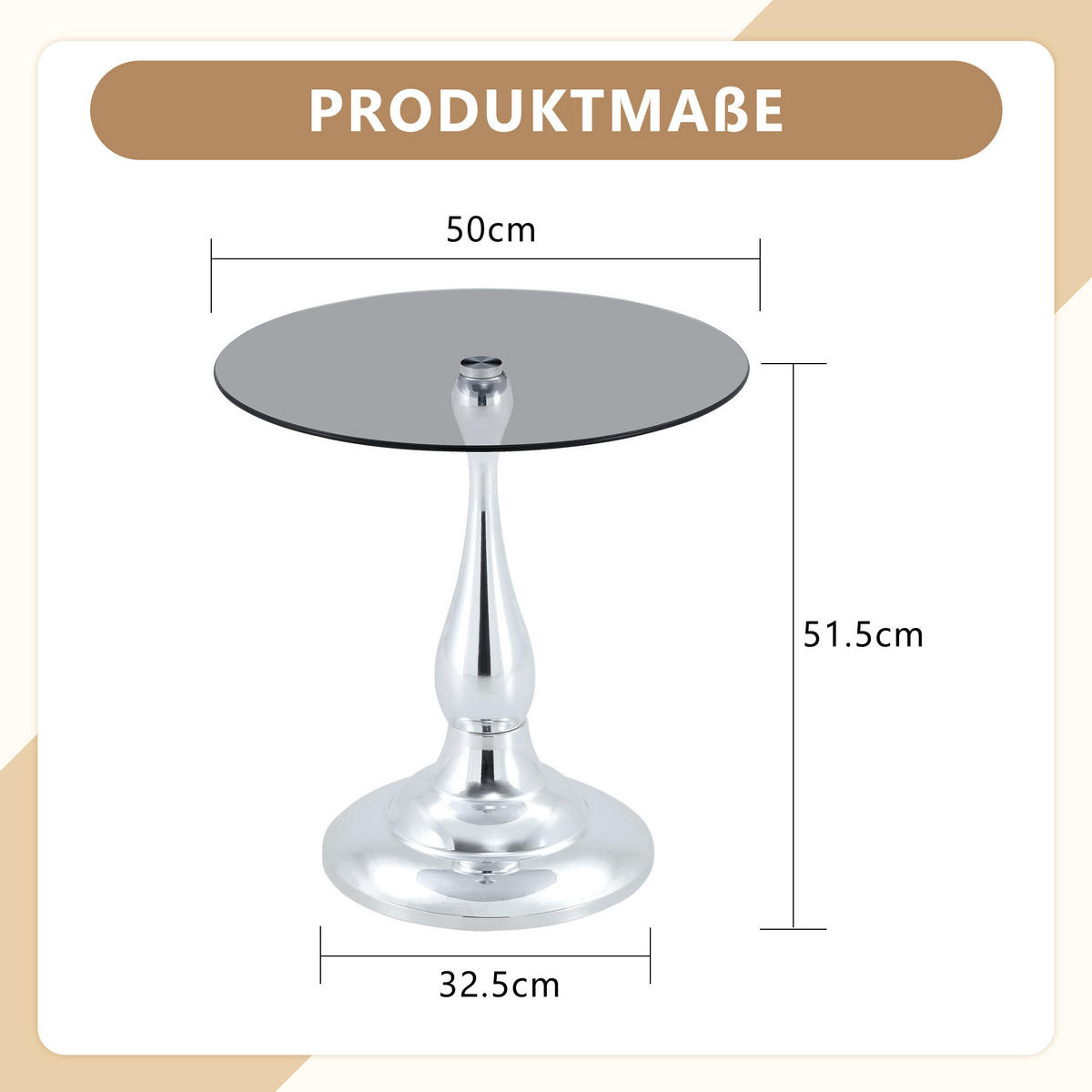 BEISTELLTISCH DE-37360 rund mit Glasplatte und geschwungenem Sockel Silber - Silberfarben, Metall (50/50/51.5cm) - ComfortXL