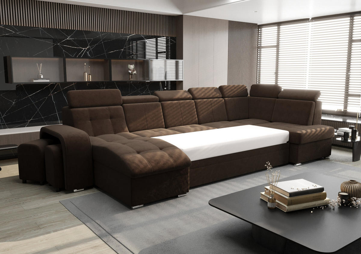 WOHNLANDSCHAFT KONGO RBN13, Eckcouch in U-Form mit Schlaffunktion, Farbe: Schwarz, Kunstleder, Ottomane Links - Schwarz, Textil (392/108/180cm) - O-Sofa