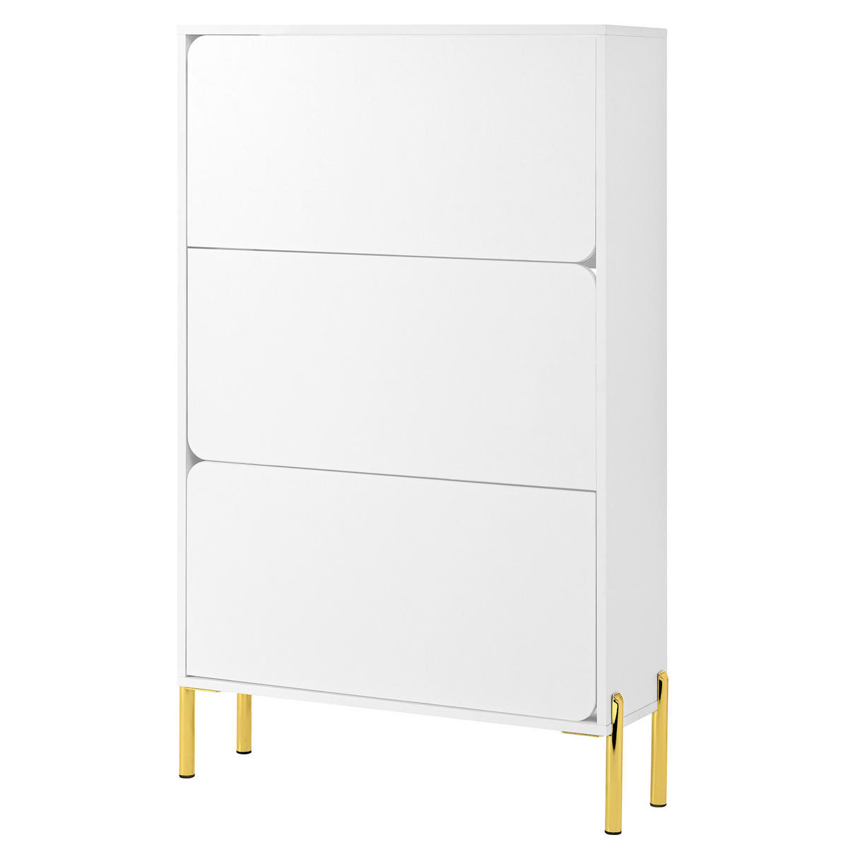 SCHUHSCHRANK 73/24/120 cm mit 3 Klappen, grifflos in Weiß mit goldfarbenen Füßen - Weiß, Holzwerkstoff (73/120/24cm) - BEAOK