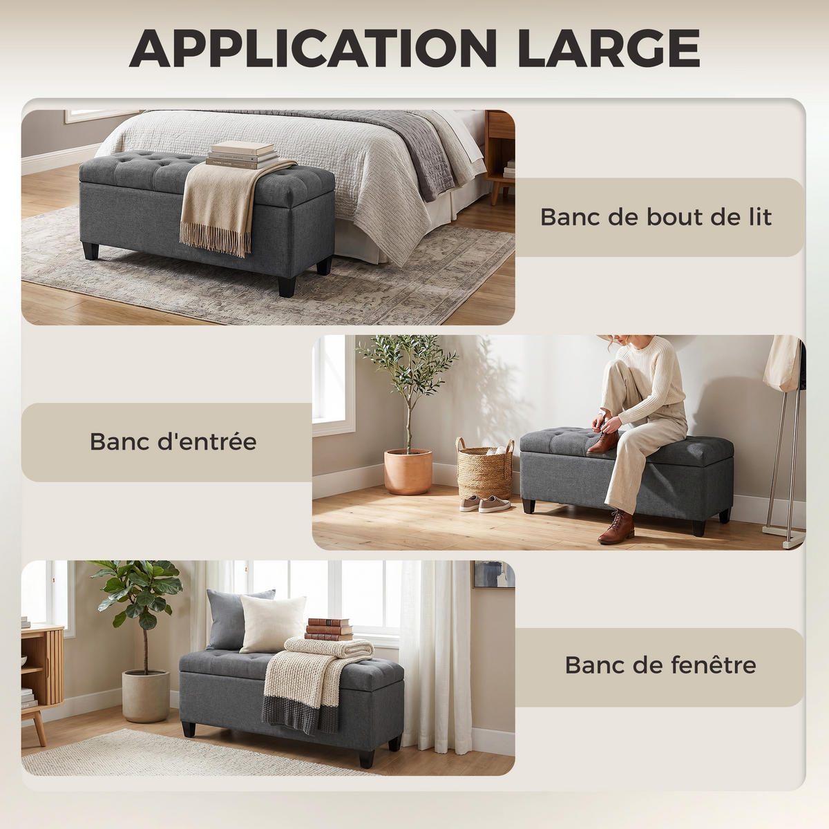 TRUHENBANK DE-16405 mit Knopfheftung und Stauraum Dunkelgrau - Dunkelgrau, Textil (100/44/40cm) - ComfortXL