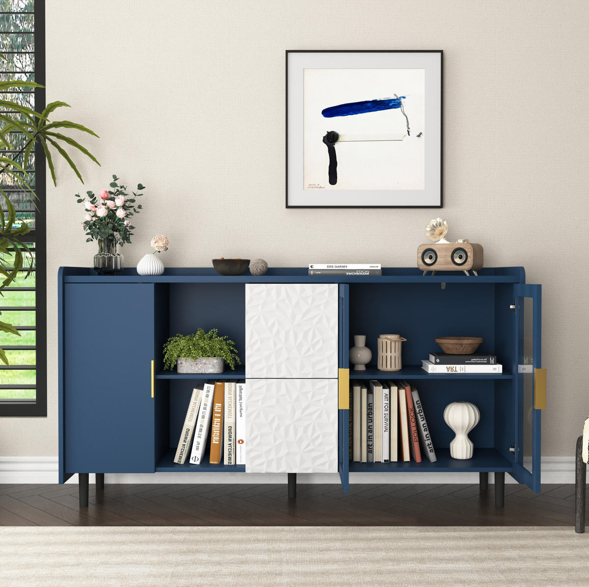 SIDEBOARD mit Glastüren, 2 Schubladen und offenen Fächern, vielseitiger Stauraum, Blau - Blau, Holzwerkstoff (150/80/40cm) - Redom