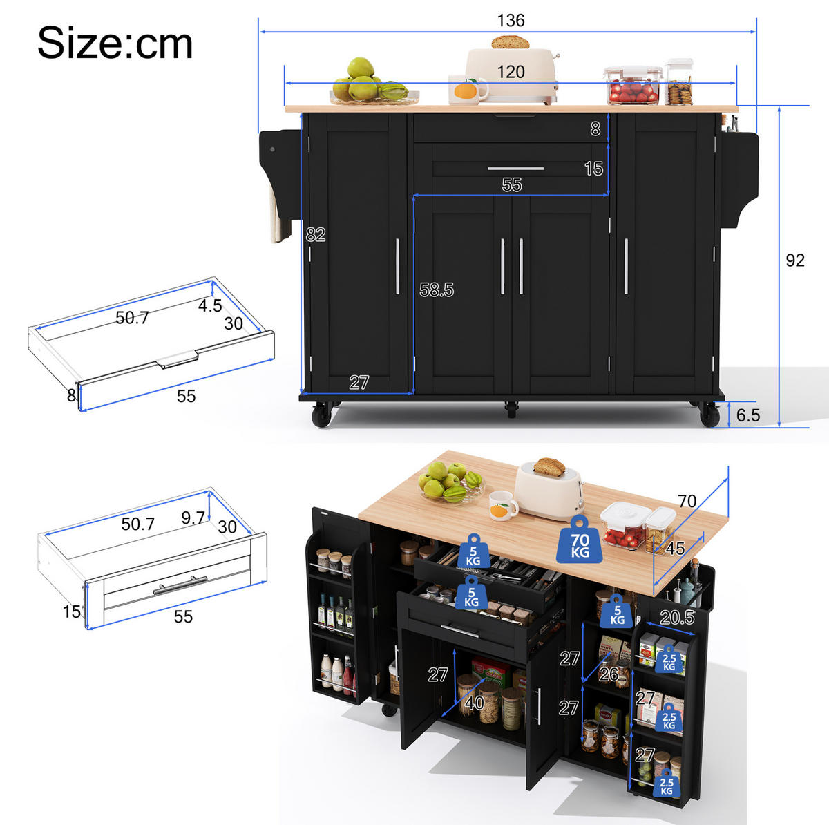KÜCHENINSEL mobile 136 x 70 x 92 cm Schwarz/Natur MDF - Schwarz, Holz (70/92/136cm) - Beauniv