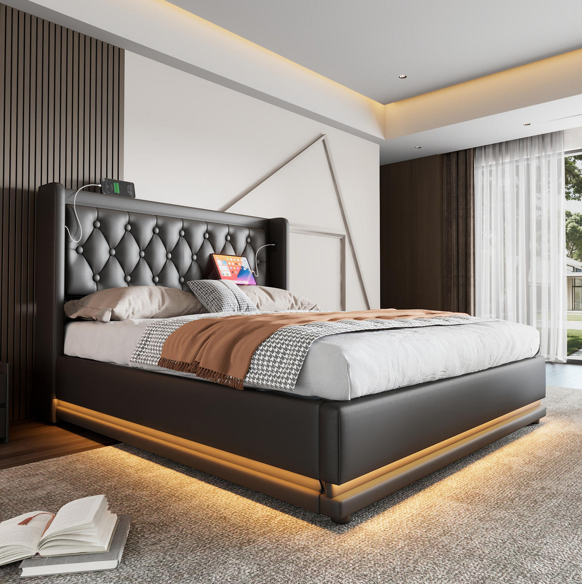 BETT mit Stauraum, LED und USB/Typ-C 140x200 cm PU Schwarz inkl. Matratze - Schwarz, Metall (140/200cm) - Meubliv