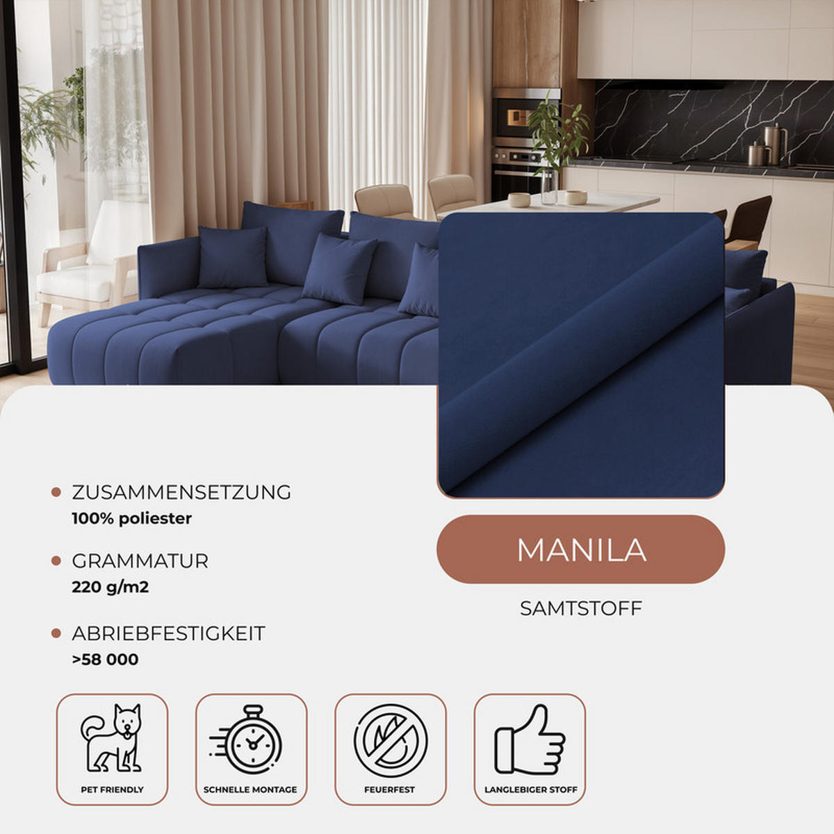 WOHNLANDSCHAFT OLIMPIA mit Schlaffunktion und Bettkasten Marineblau - Dunkelblau, Holzwerkstoff/Kunststoff (300/85/90cm) - Idohome