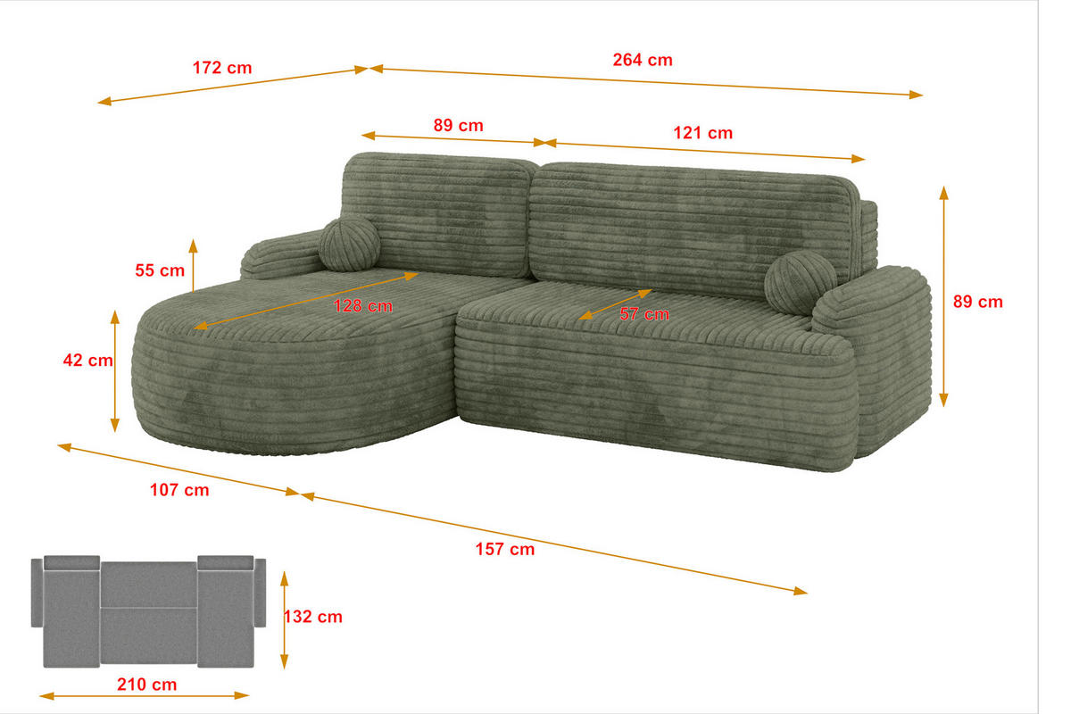 ECKSOFA mit Schlaffunktion und Bettkasten LIRA-L - 264x172x89 Olive - Olivgrün, Holzwerkstoff/Textil (264/172cm) - ALTDECOR