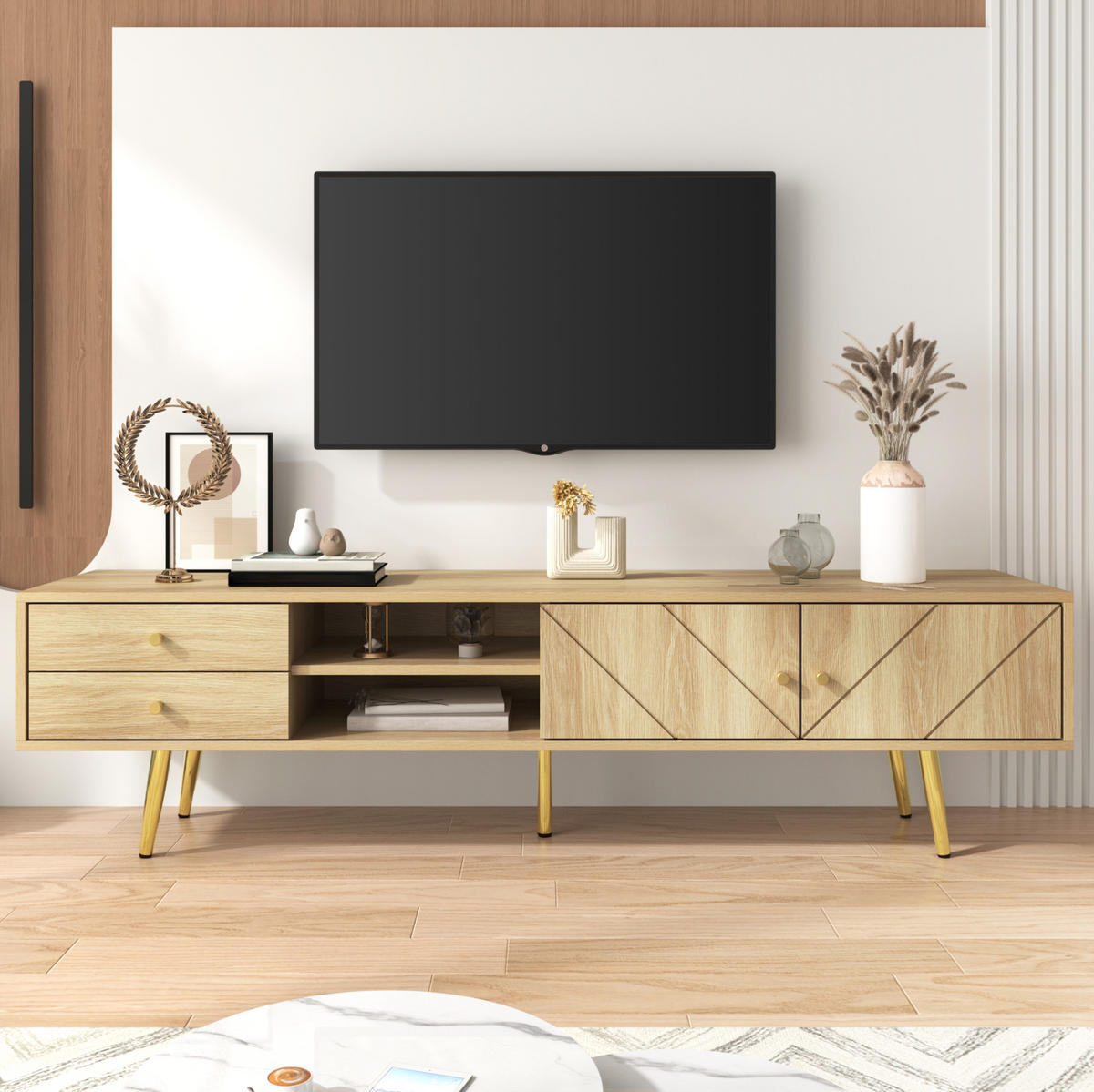 TV stolek 160/36/42 cm s dvěma zásuvkami, dvěma dvířky a otevřenými policemi, dekor dřeva - hnědá, kompozitní dřevo (160/42/36cm) - Redom