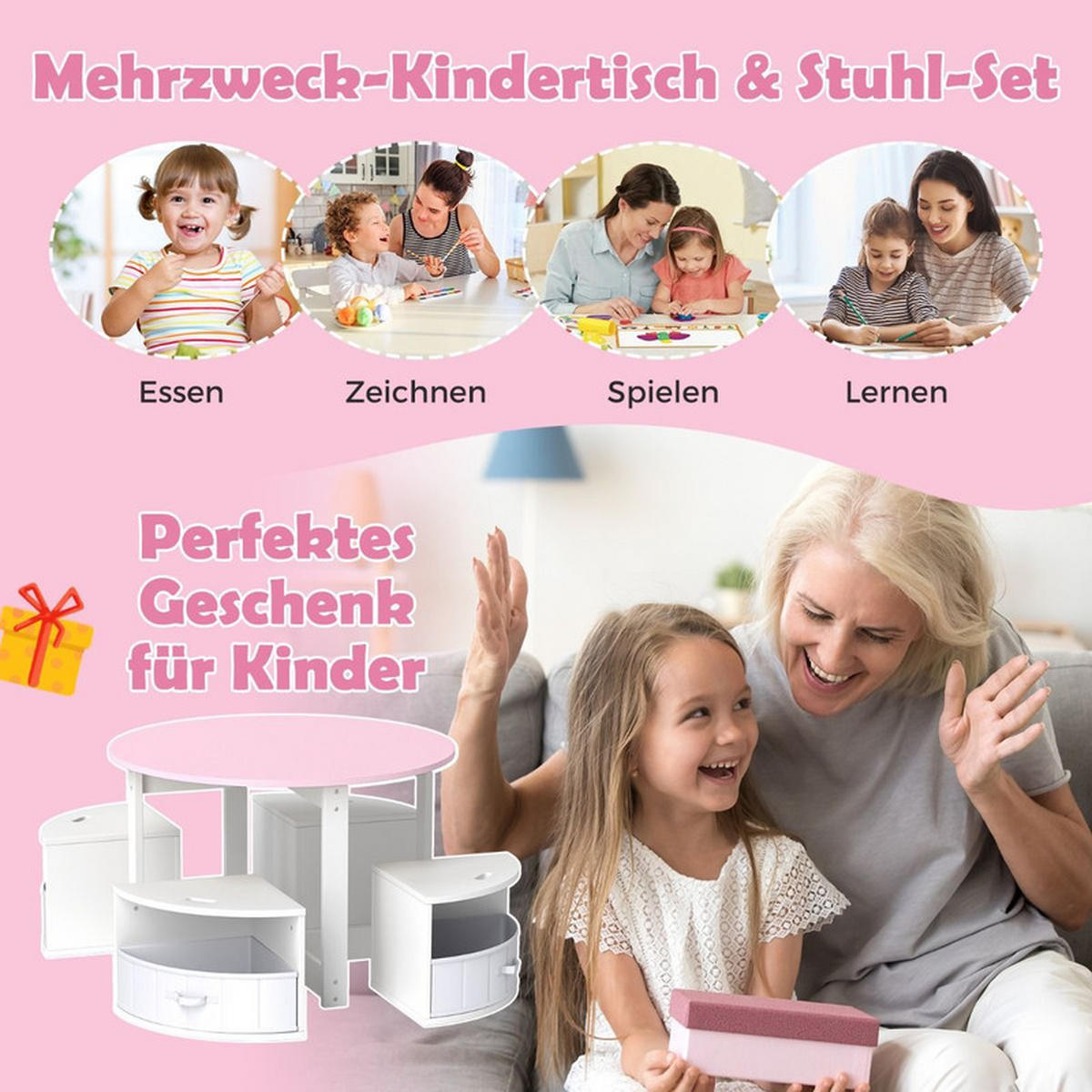 KINDERTISCHE mit Stühlen rosa(5-tlg) - Pink, Holzwerkstoff (79/51/79cm) - COSTWAY