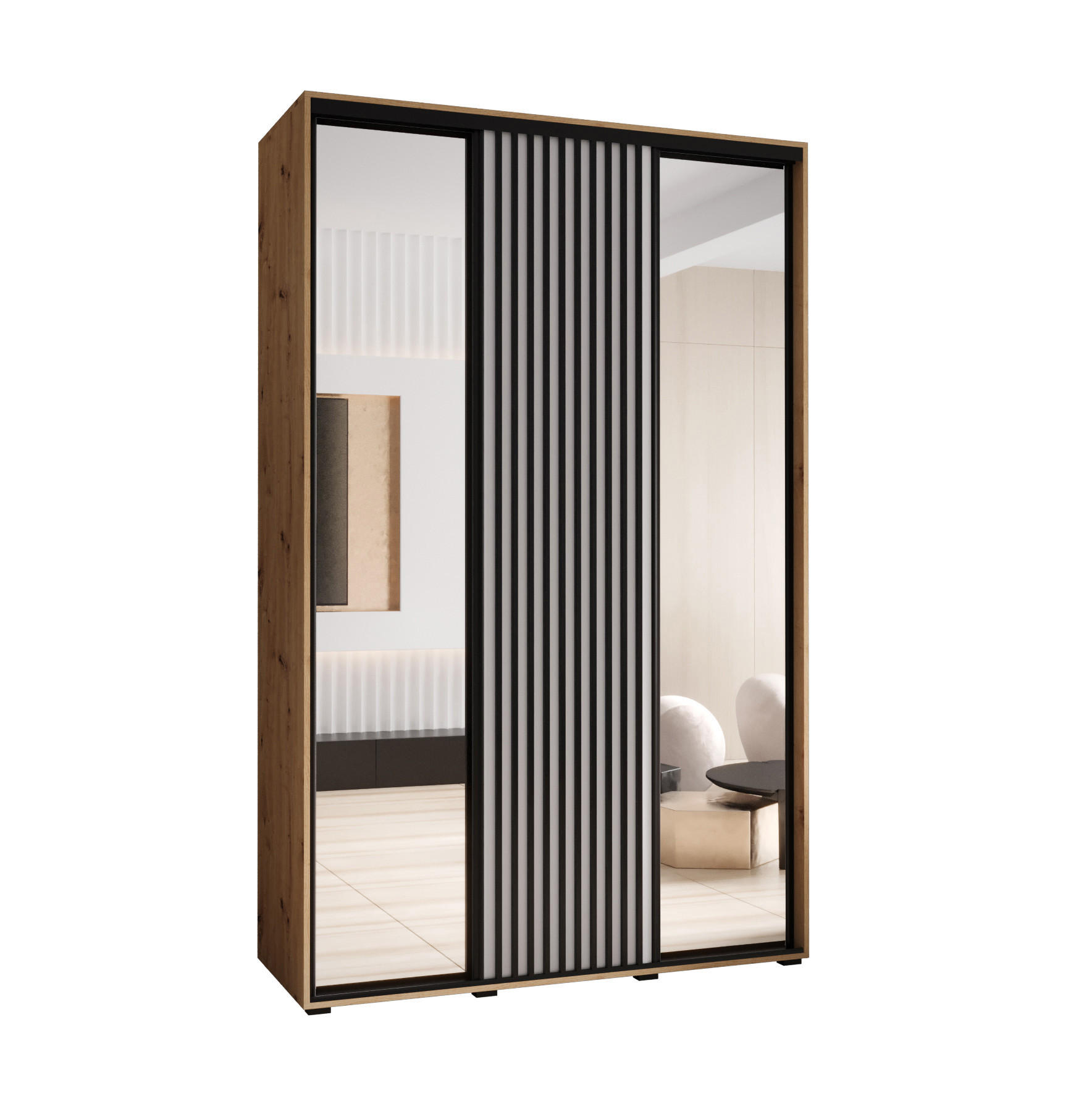Abiks Möbel SCHWEBETÜRENSCHRANK Eiche Artisan, Weiß, Schwarz 150cm × 60cm × 205cm