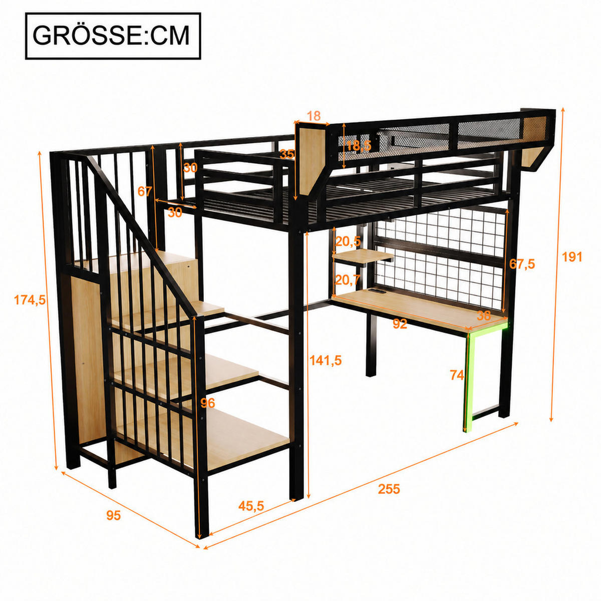HOCHBETT 90/200 cm Schwarz mit Schreibtisch, Stauraumtreppe, LED-Licht und Aufbewahrungsnetz - Schwarz, Metall (90/200cm) - Oxeza