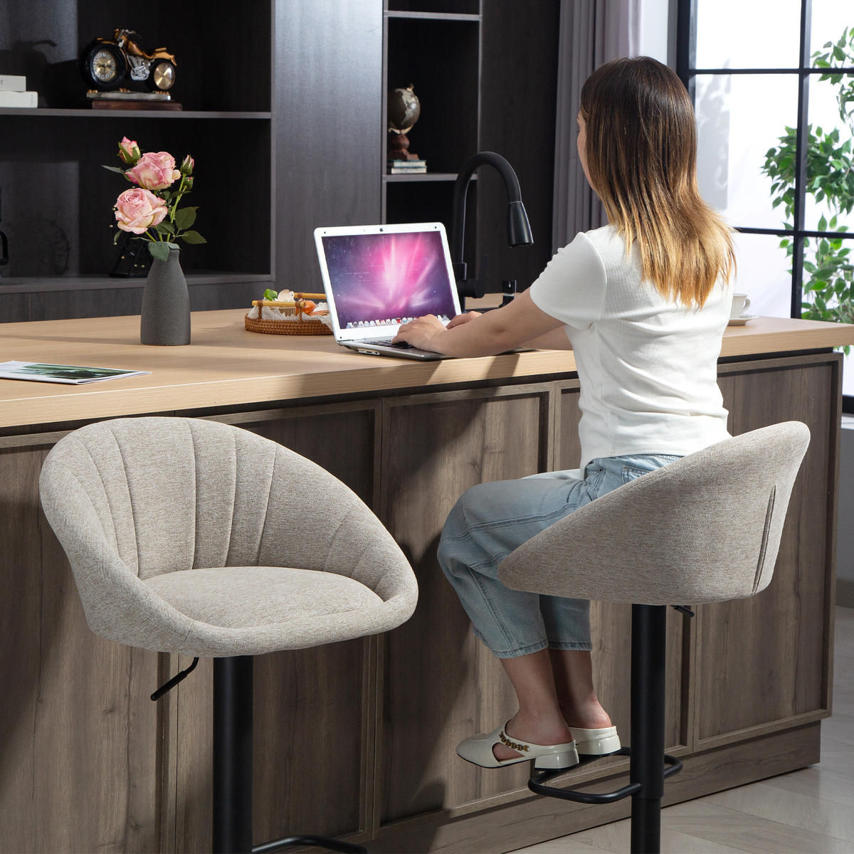 BARHOCKER 2er-Set DE-14815 höhenverstellbar & schwenkbar mit Armlehnen Beige - Beige, Metall (46/103/53.5cm) - ComfortXL
