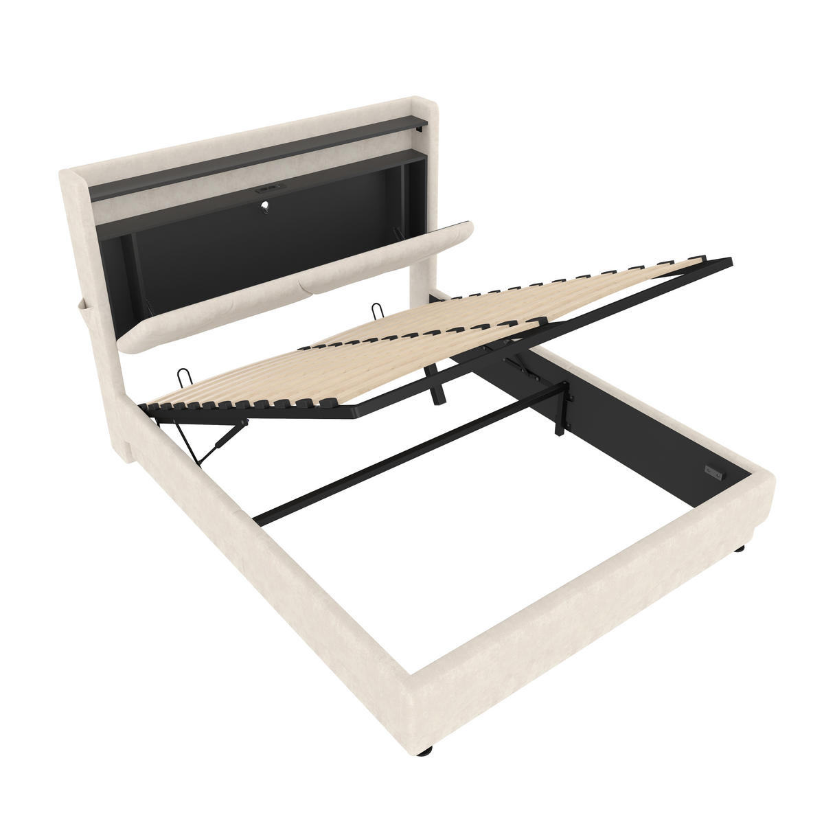 POLSTERBETT 140/200 cm in Beige Samt mit Bettkasten, LED, USB, Type-C und Regal - Beige, Holzwerkstoff/Textil (140/200cm) - WISHDOR