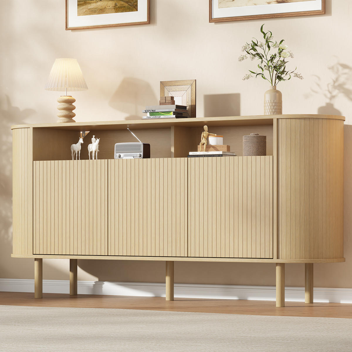SIDEBOARD 160x40x78.5cm Naturholz mit 3 Wellentüren - Naturfarben, Holzwerkstoff (160/78.5/40cm) - FLIEKS