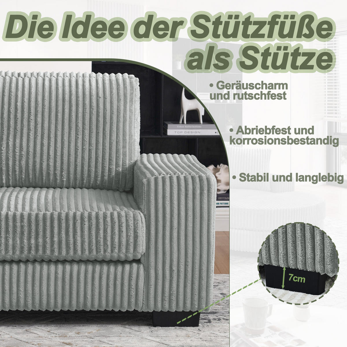 ECKSOFA 256,5/133,5/89 cm grau aus Corduroy mit wechselbarem Hocker - Grau, Kunststoff (133.5/256.5cm) - OKWISH
