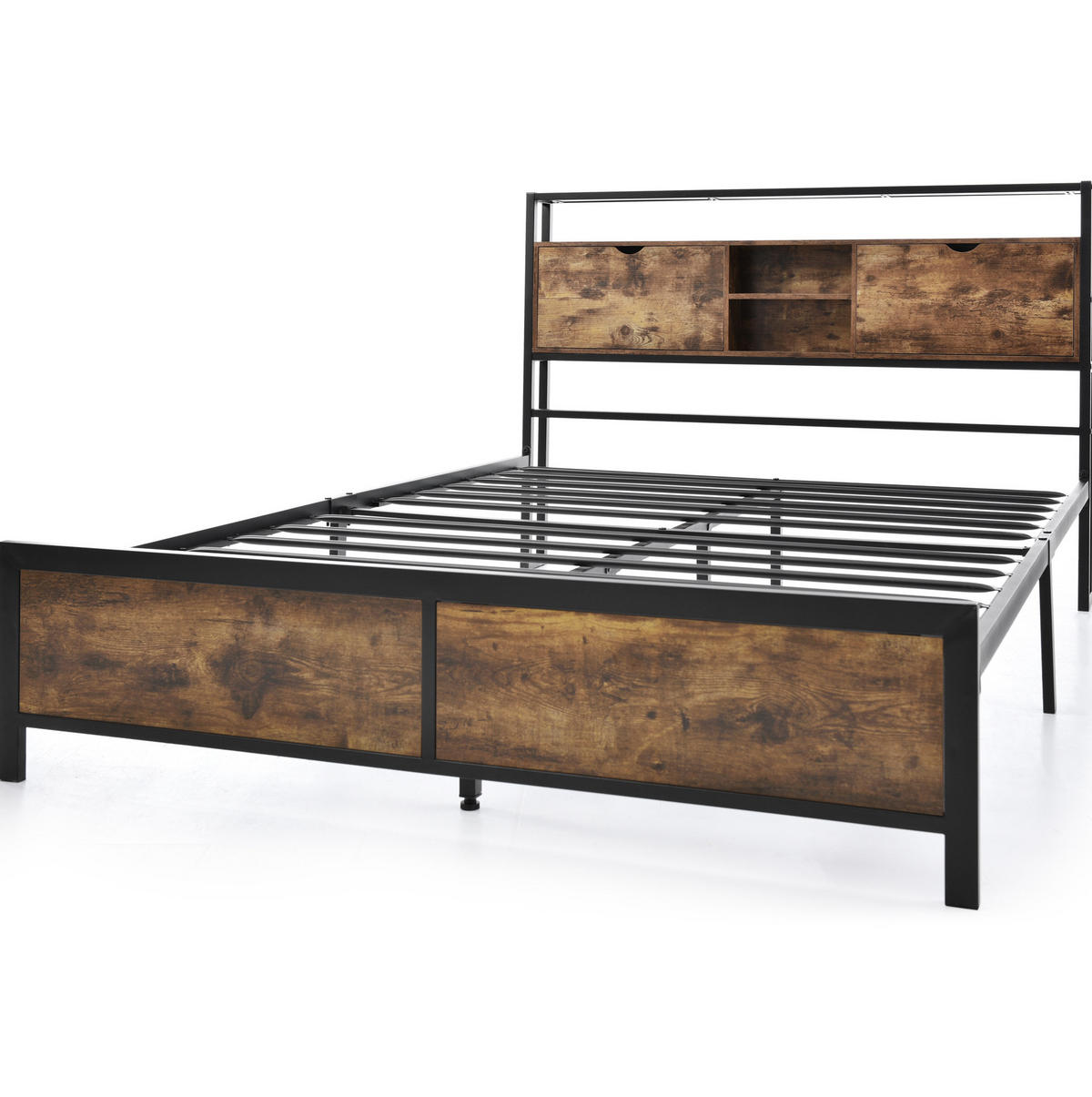 METALLBETT 140/200 cm mit Stauraum-Kopfteil und Lattenrost – Metall & Holz - Naturfarben, Metall (140/200cm) - BEAOK