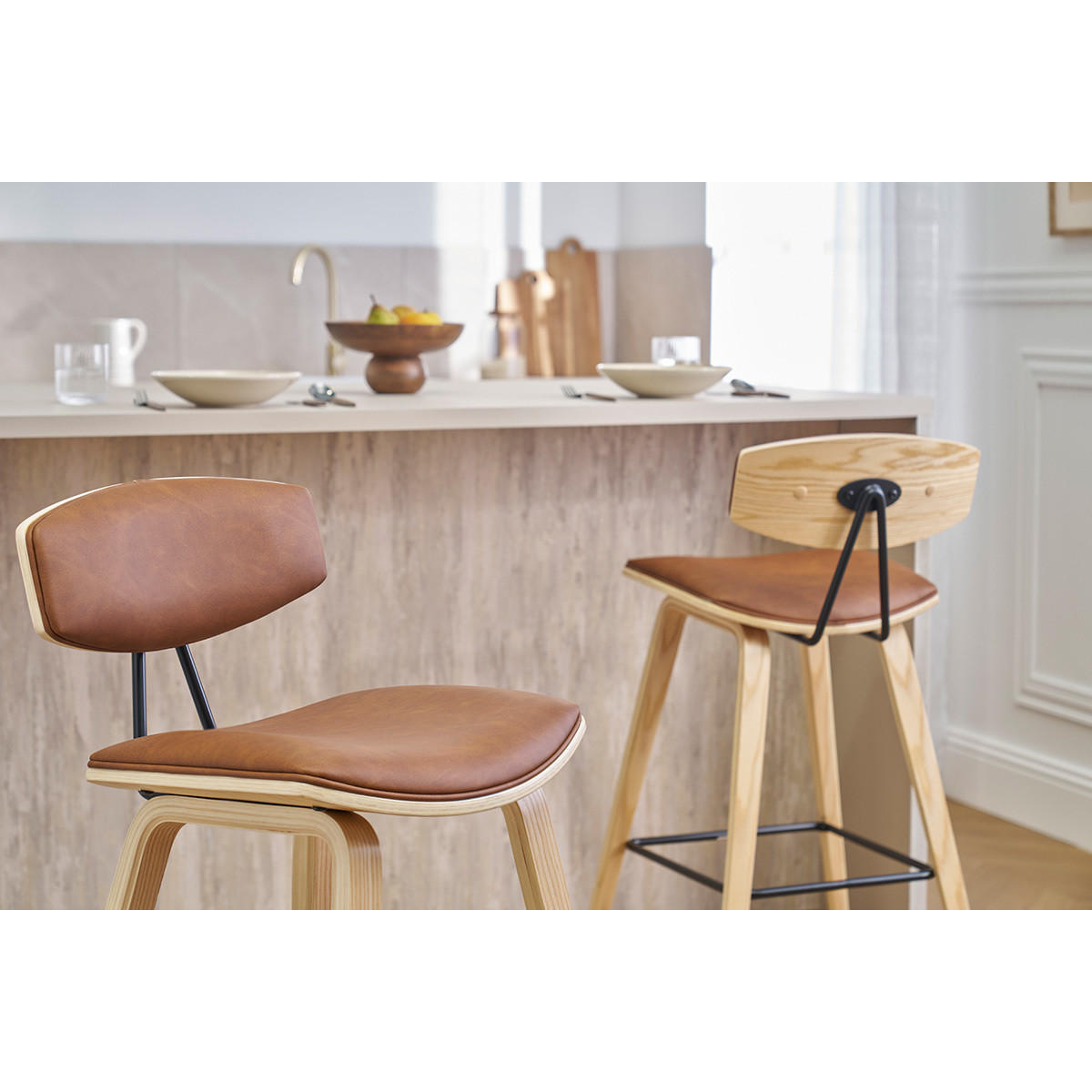 BARHOCKER Braun Helles Holz H69 cm 2er-Set VASCO - Braun, Kunststoff (48.5/90.5/50cm) - Miliboo