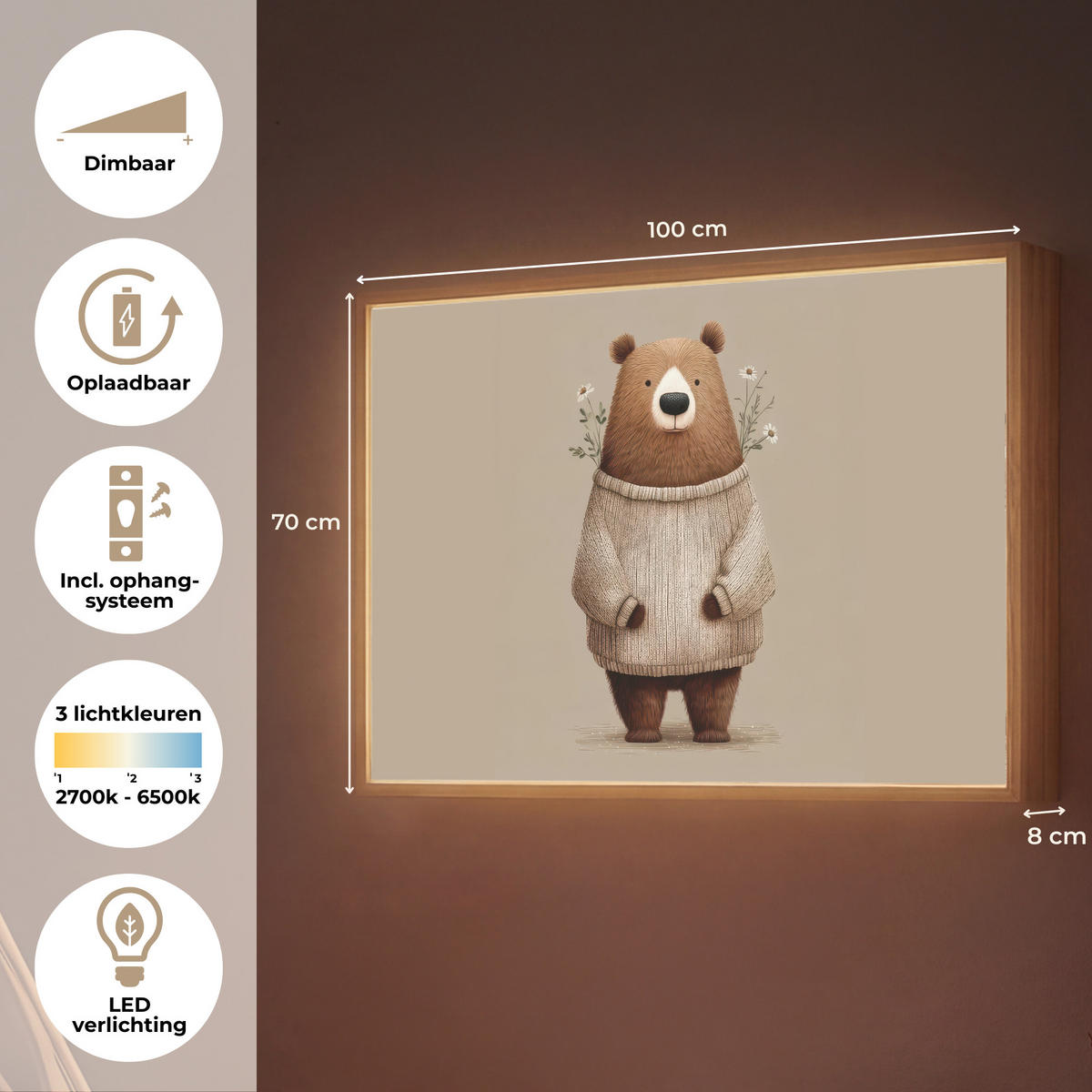 NÁSTĚNNÁ LAMPA S AKUMULÁTOREM Medvěd - Bílé květy - Cosy 100x70 cm - šedohnědá, kompozitní dřevo (100/70/8cm) - OnlyWow