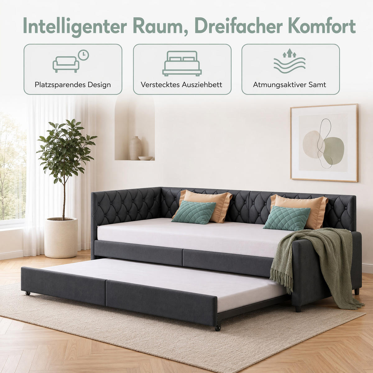 SCHLAFSOFA 2 sitzer, ausziehbar zum Bett 90(180)x200, mit Lattenrost, Samt Grau, für das Wohnzimmer - Grau, Holz/Textil (96/70/205cm) - GENKI LIVING