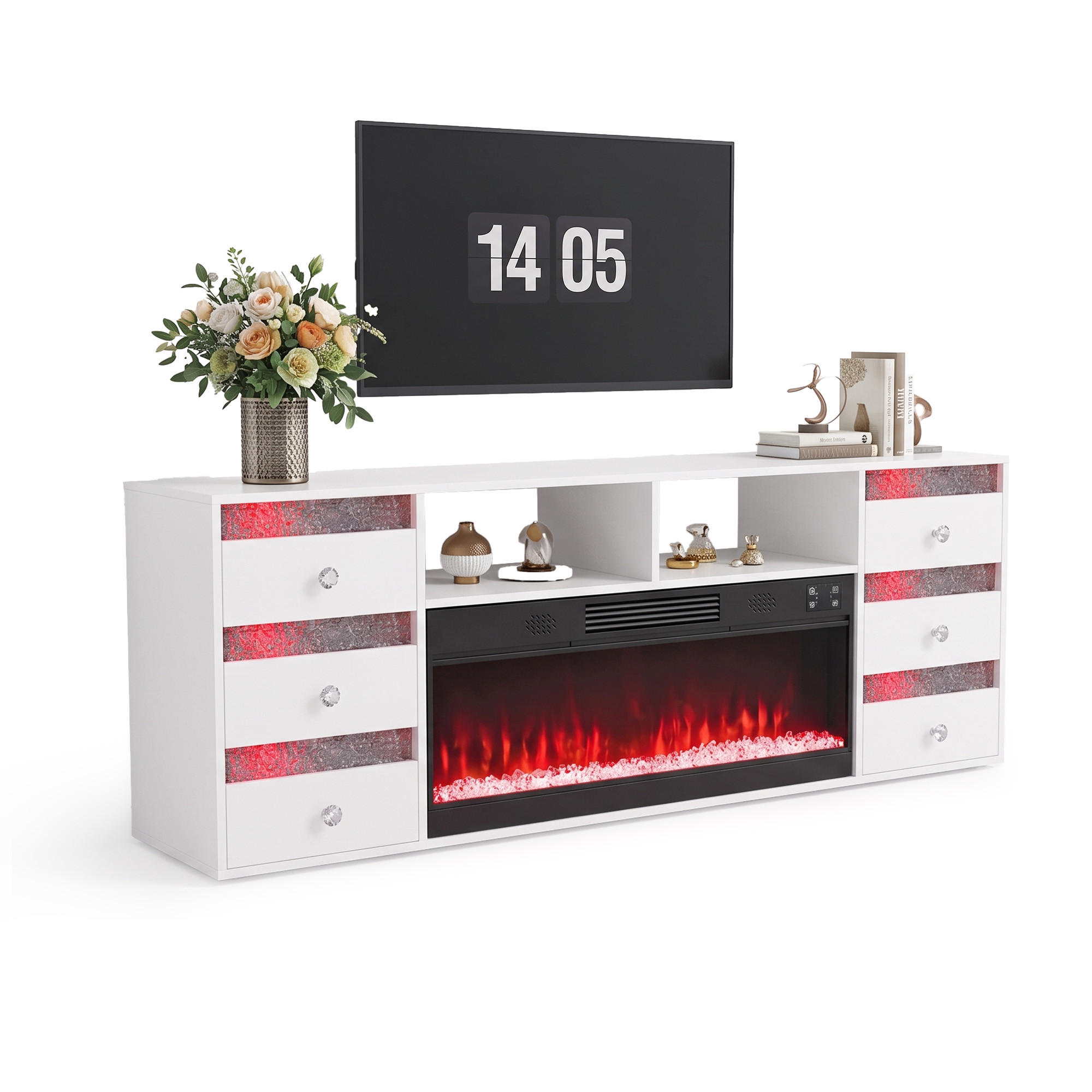 TV-SCHRANK mit Elektrokamin Beleuchtung RGB Lowboard 6 Schubladen Weiβ 180/40/65CM - Weiß, Metall (180/65/40cm) - VANITII