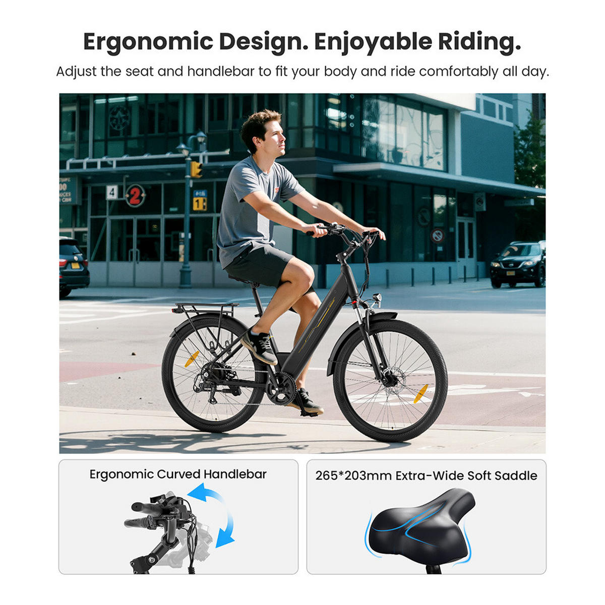E-BIKE – 100 km Reichweite, 250W Motor, Komfort & Sicherheit im Alltag - Schwarz, Metall (85cm) - Touroll