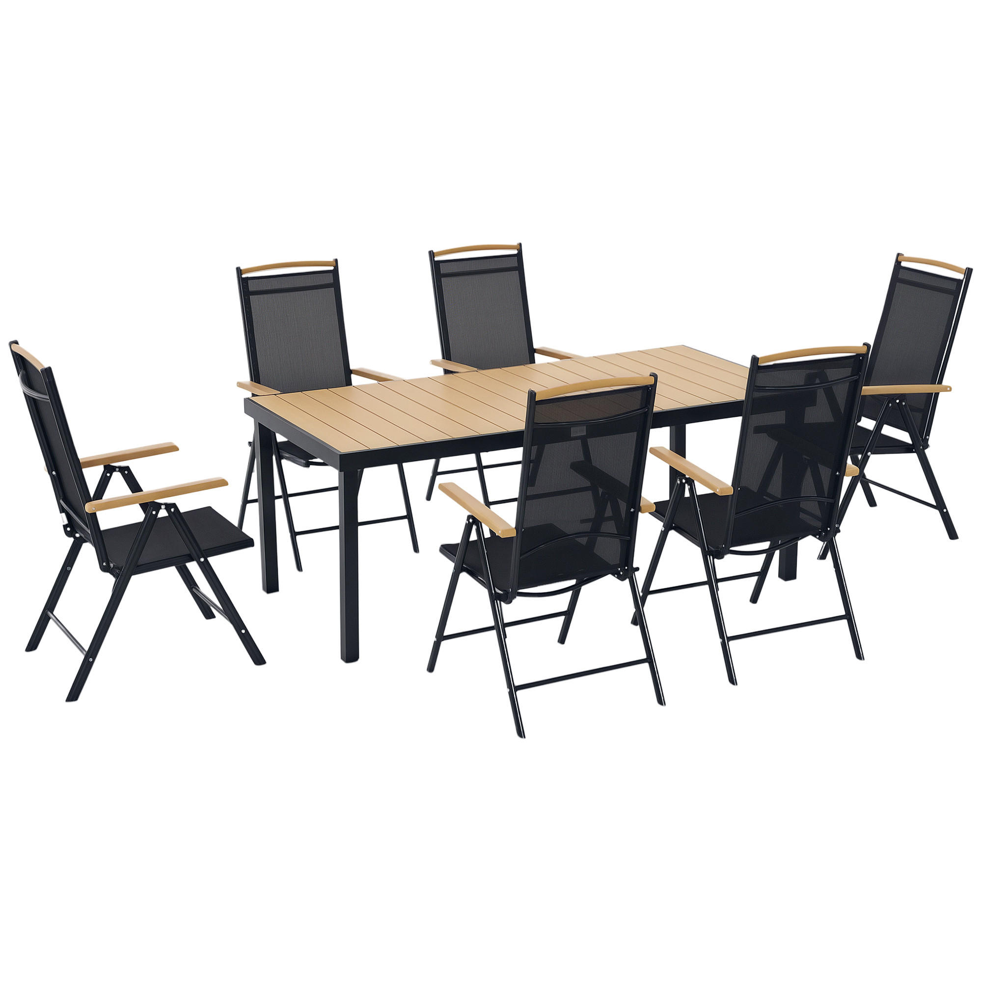 GARTENTISCHGRUPPE DE-18099 klappbar, Neigungsverstellung 7-fach Schwarz - Naturfarben, Metall - ComfortXL