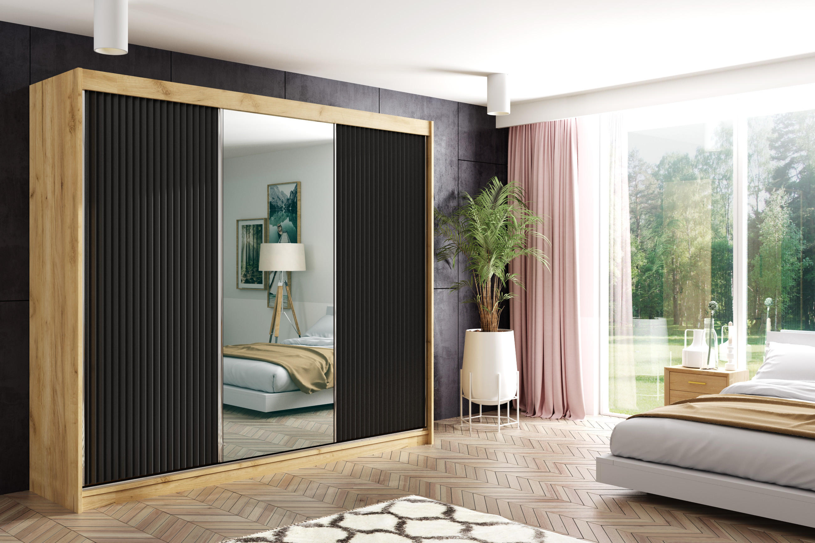 KLEIDERSCHRANK RYFLO mit LED - 250 - Eichefarben|Schwarz - Eichefarben/Schwarz, Holzwerkstoff (250/215/61cm) - ALTDECOR