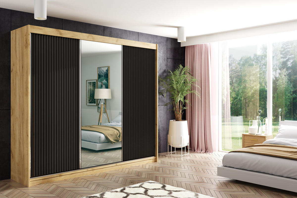 KLEIDERSCHRANK RYFLO mit LED - 250 - Eichefarben|Schwarz - Eichefarben/Schwarz, Holzwerkstoff (250/215/61cm) - ALTDECOR
