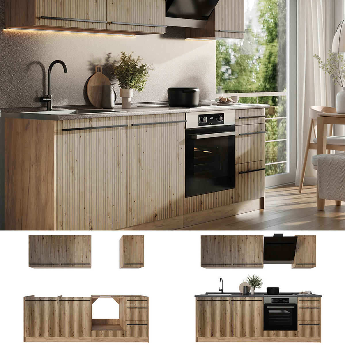 KÜCHENZEILE R-Line, Artisan-Eiche/Goldkraft Eiche, 220 cm ohne Arbeitsplatte - Honigeiche/Eiche Artisan, Holzwerkstoff (220/81.6/46cm) - Vicco