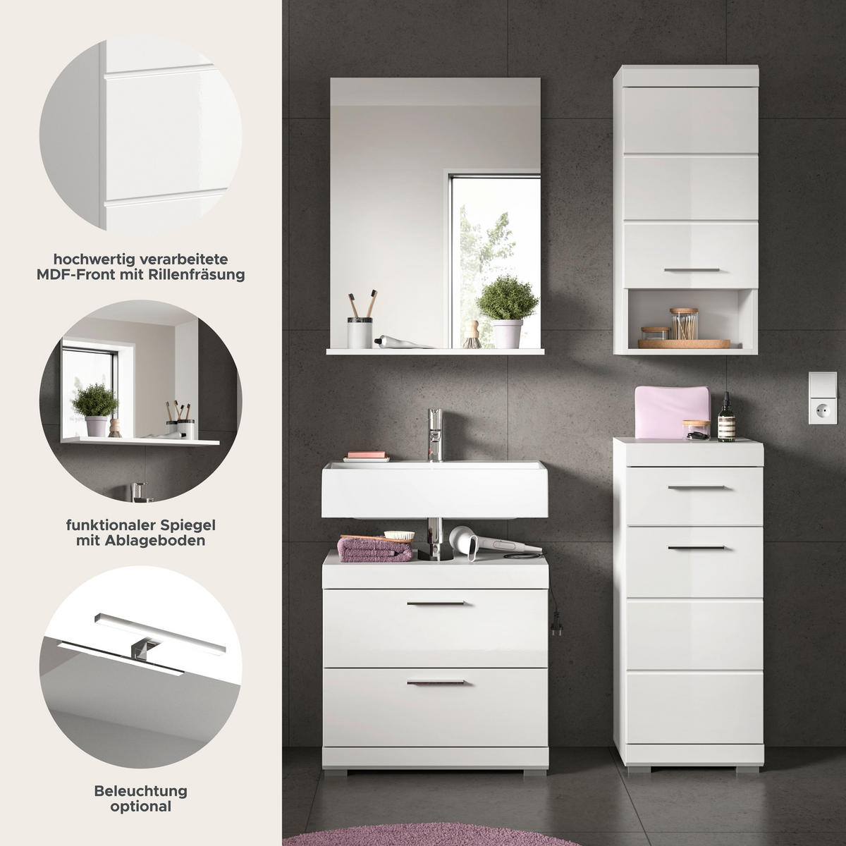 BADKOMBINATION 4tlg. Scout Bad in weiß Nachbildung und weiß hochglanz B/H/T: 112x191x34 cm - Weiß, Holz (112/191/37cm)