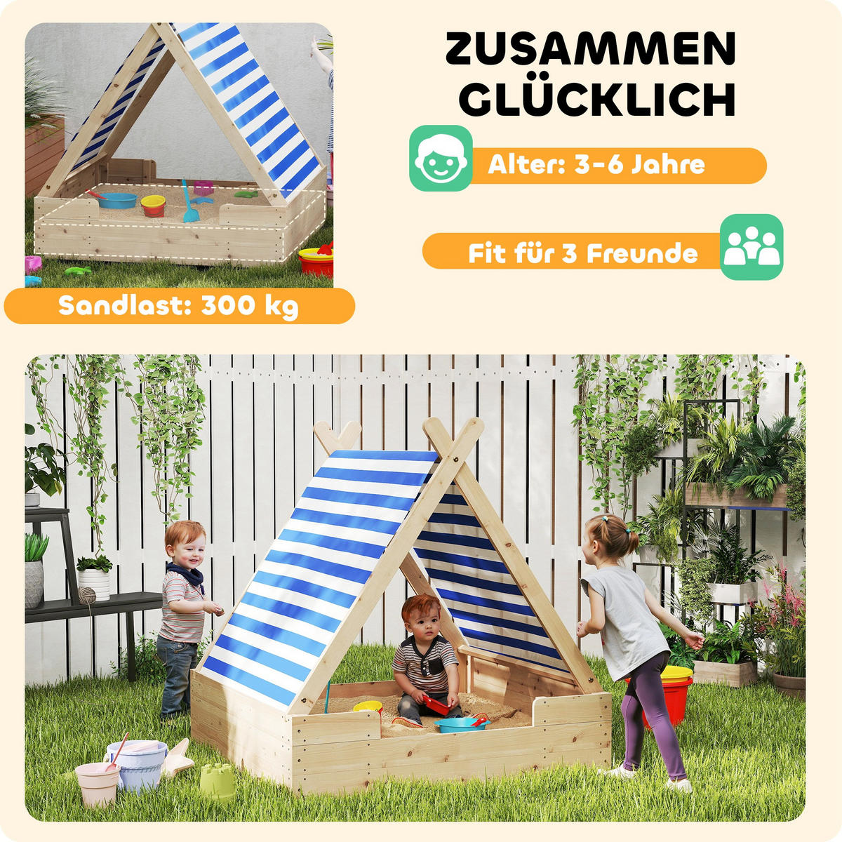 SANDKASTEN, Naturholz, Tannenholz, Polyester - Naturfarben, Holz (120/120/126.5cm) - AIYAPLAY