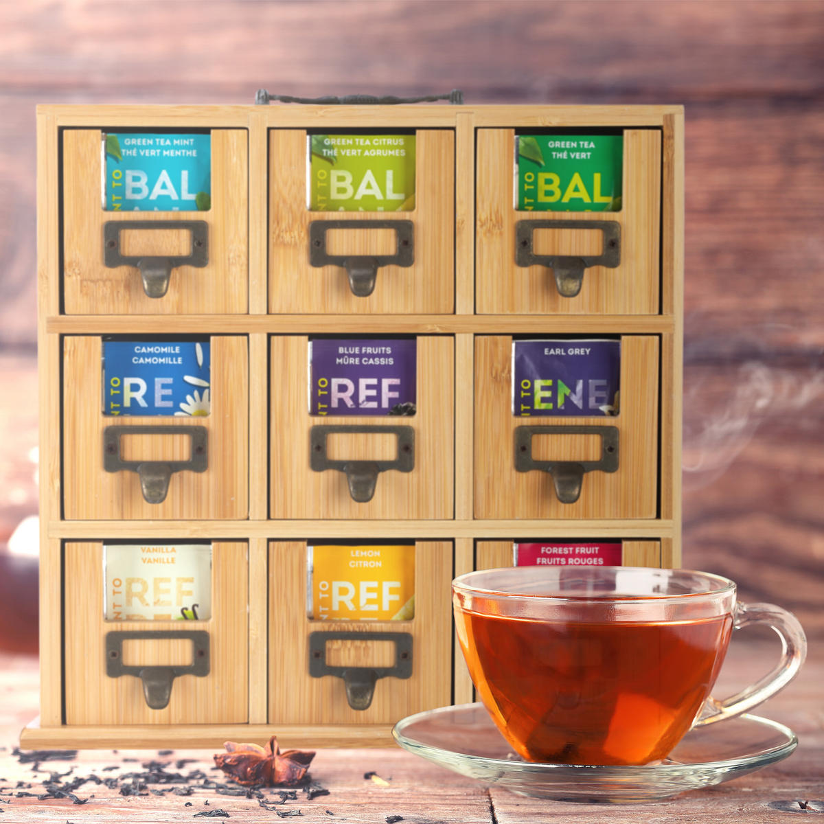 TEE-ORGANIZER - Hellbraun, Holz/Metall (30/29/11.5cm) - Relaxdays